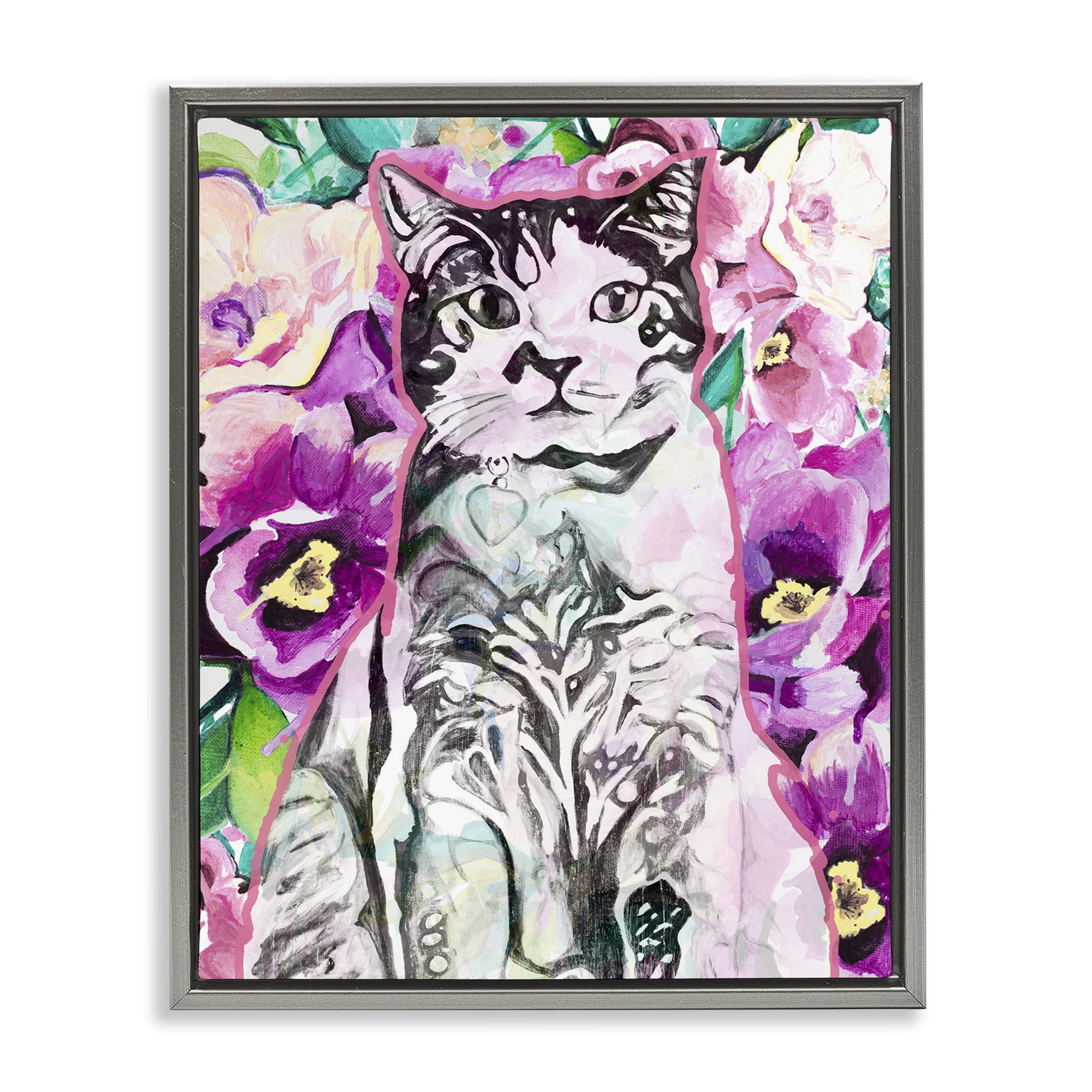 Stupell Industries Kitty Among Flowers Animals & Insects Painting Gray Floater Framed Canvas Art Print Wall Art, 25 x 31