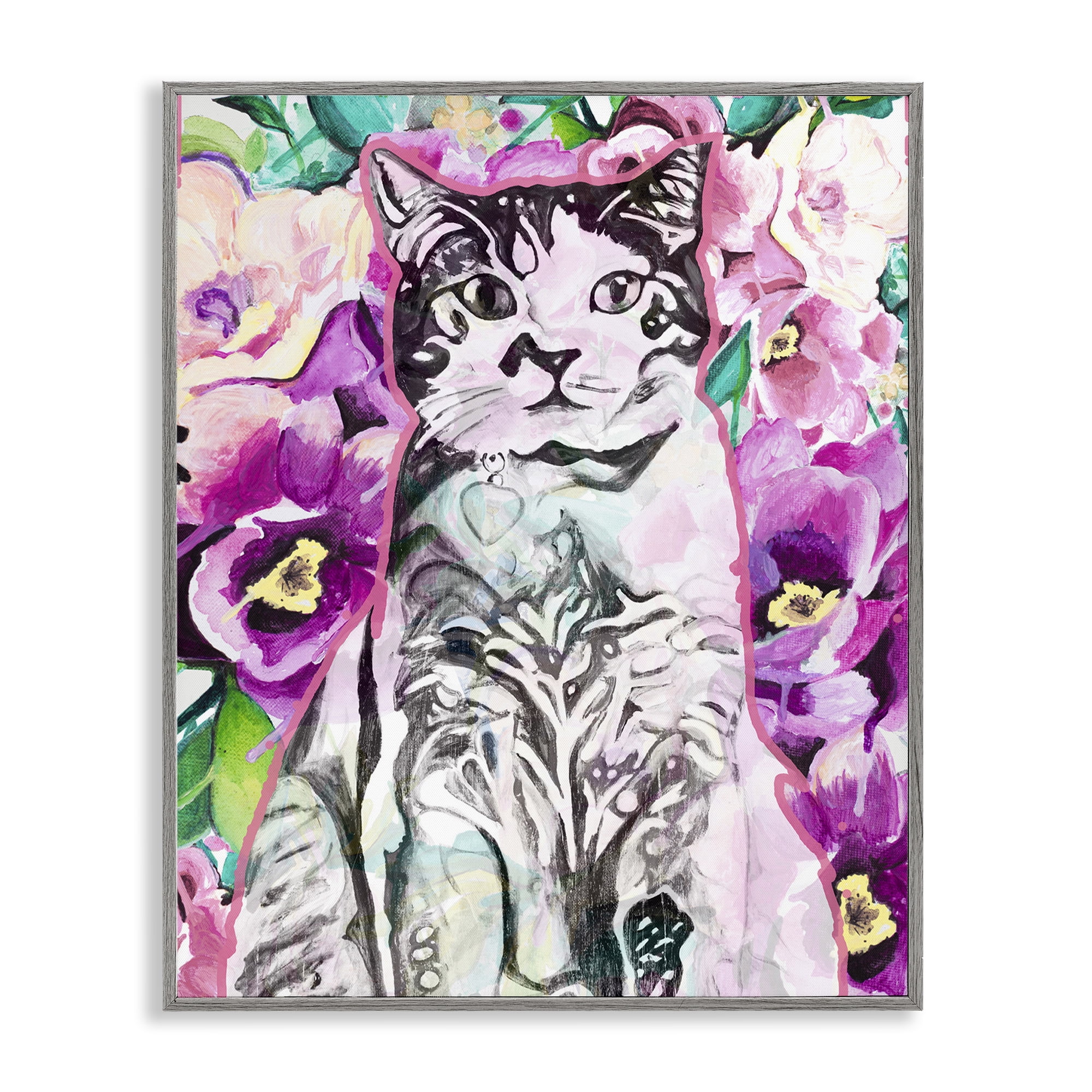 Stupell Industries Kitty Among Flowers Animals & Insects Painting Gray Framed Art Print Wall Art, 16 x 20