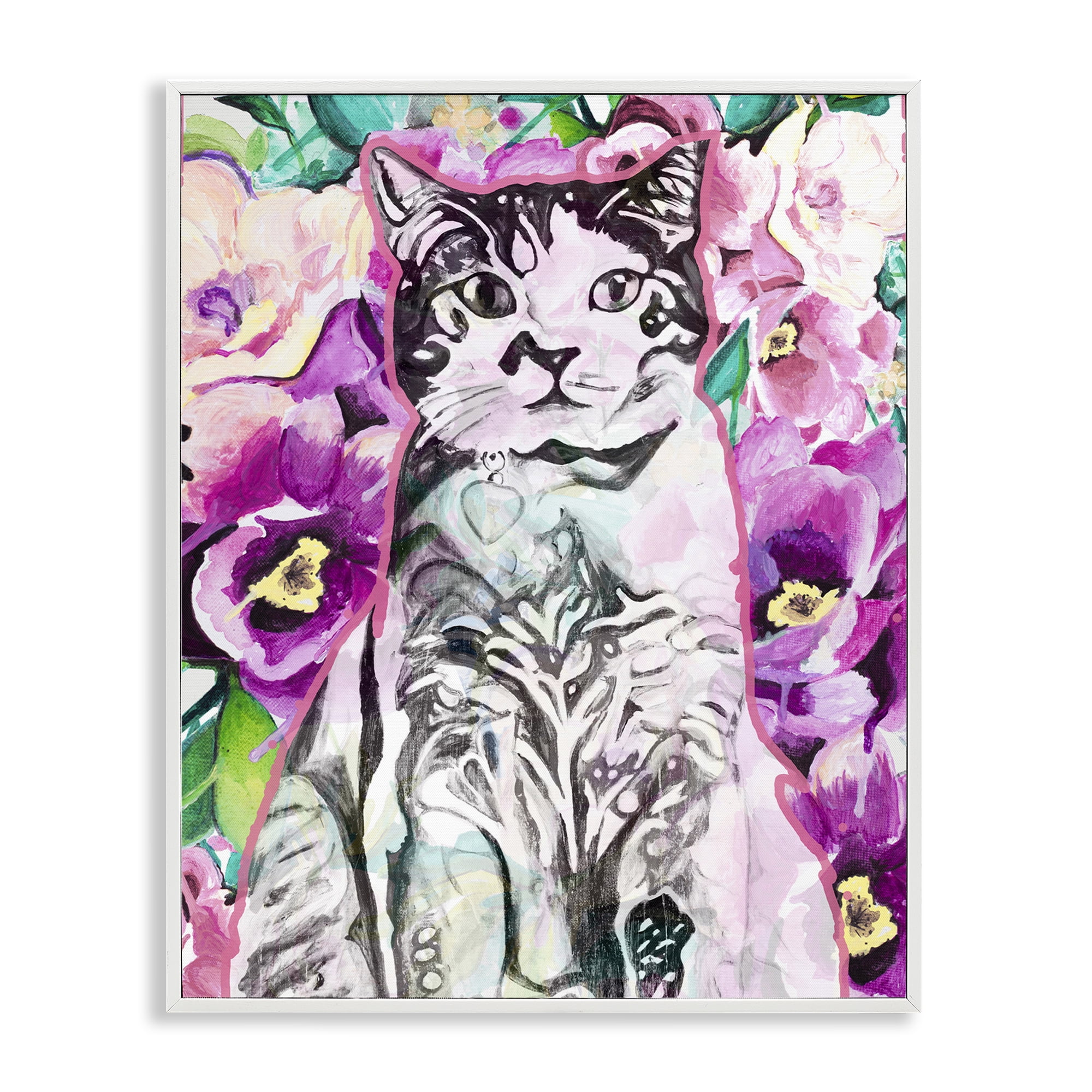 Stupell Industries Kitty Among Flowers Animals & Insects Painting White Framed Art Print Wall Art, 11 x 14