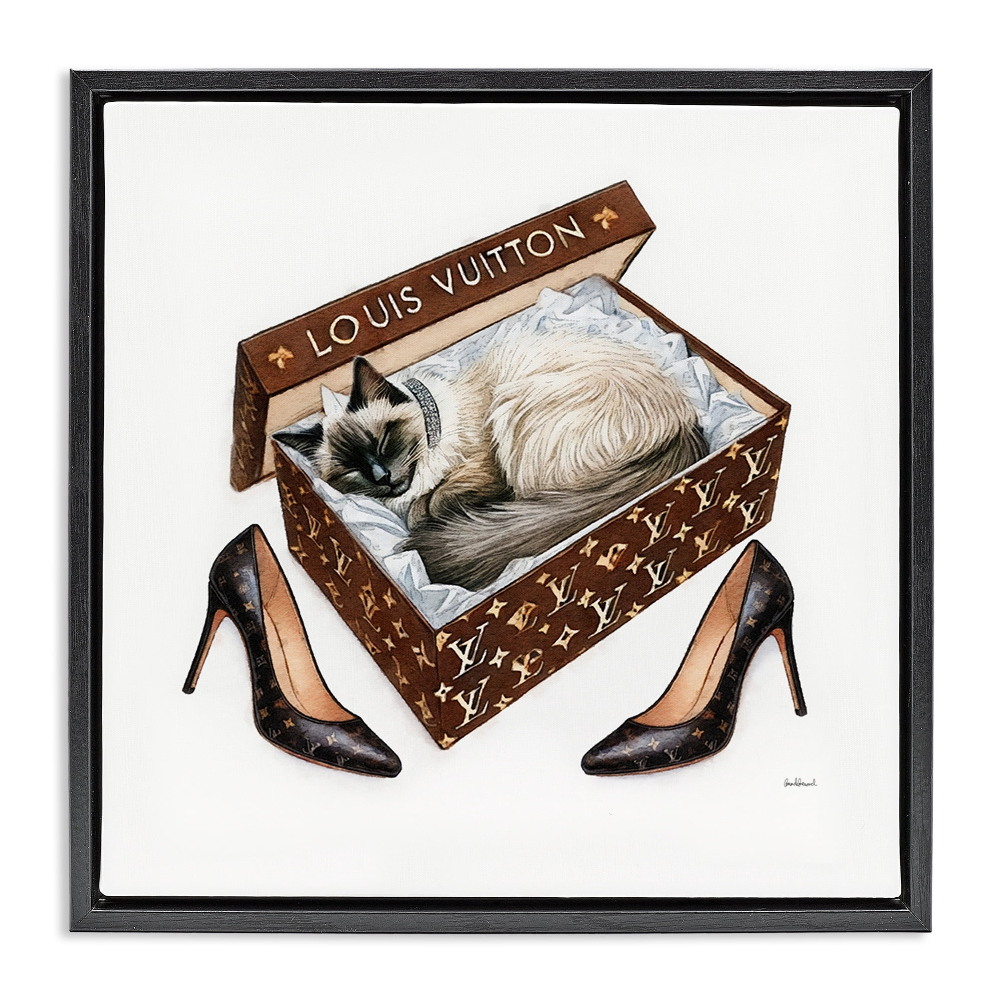 Stupell Industries Kitty Sleeping Heels Box Animals Painting Black Floater Framed Canvas Art Print Wall Art, 25 x 25