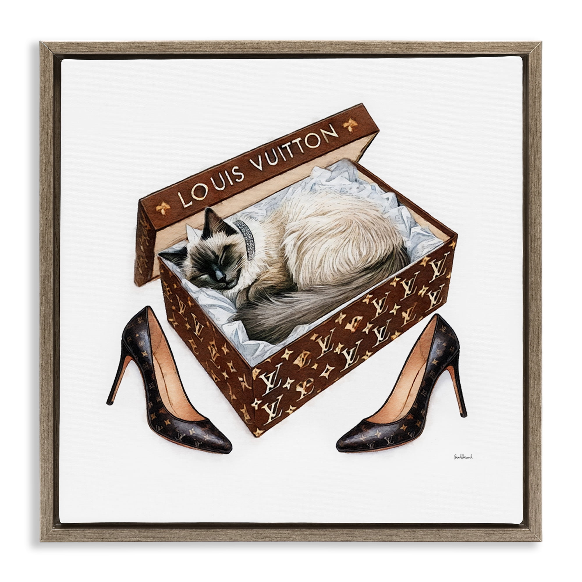 Stupell Industries Kitty Sleeping Heels Box Animals Painting Brown Floater Framed Canvas Art Print Wall Art, 25 x 25