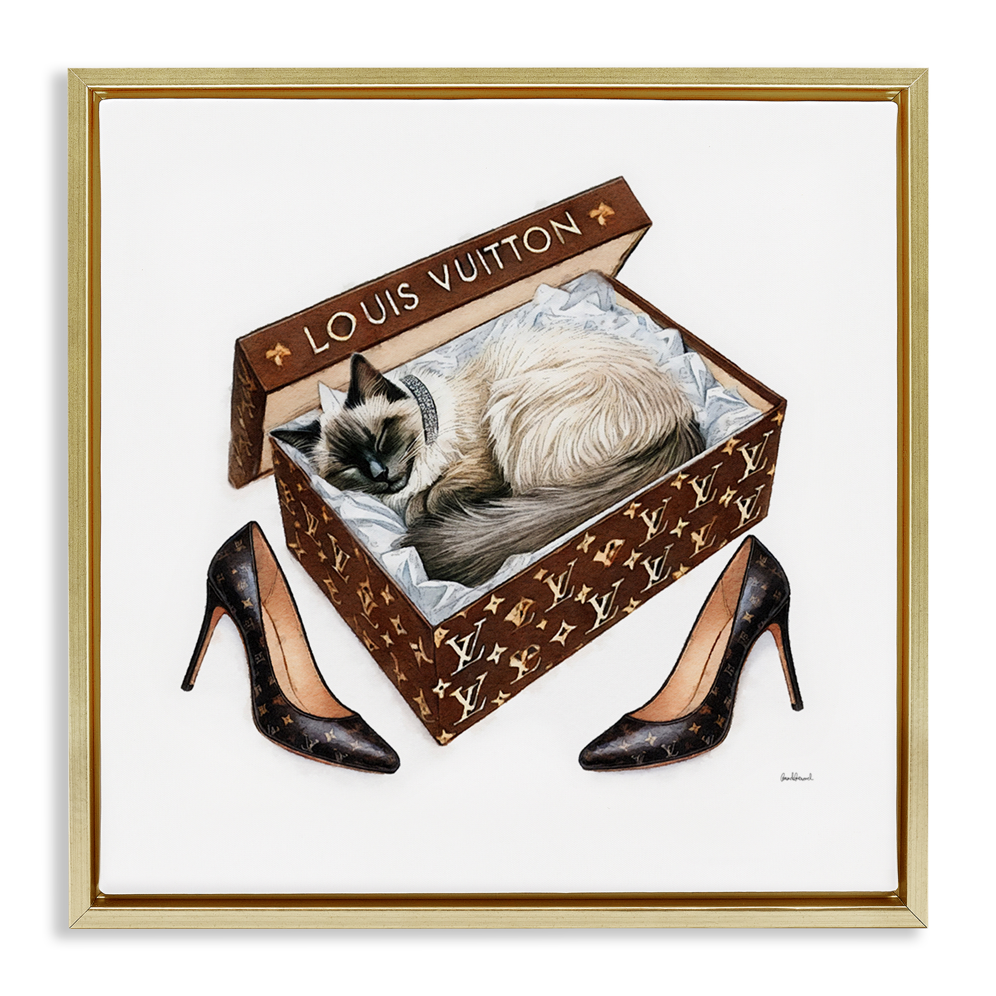 Stupell Industries Kitty Sleeping Heels Box Animals Painting Gold Floater Framed Canvas Art Print Wall Art, 18 x 18
