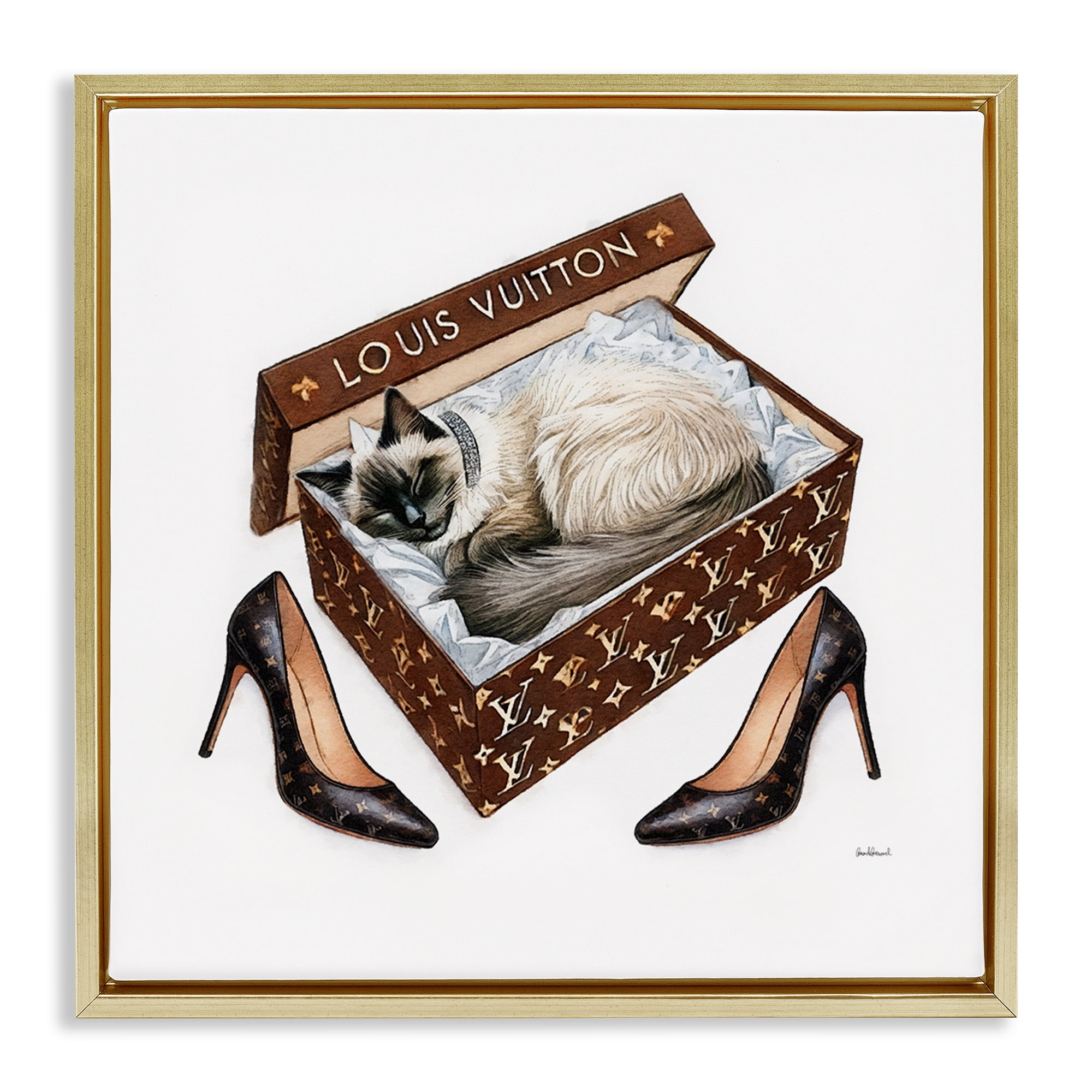 Stupell Industries Kitty Sleeping Heels Box Animals Painting Gold Floater Framed Canvas Art Print Wall Art, 25 x 25