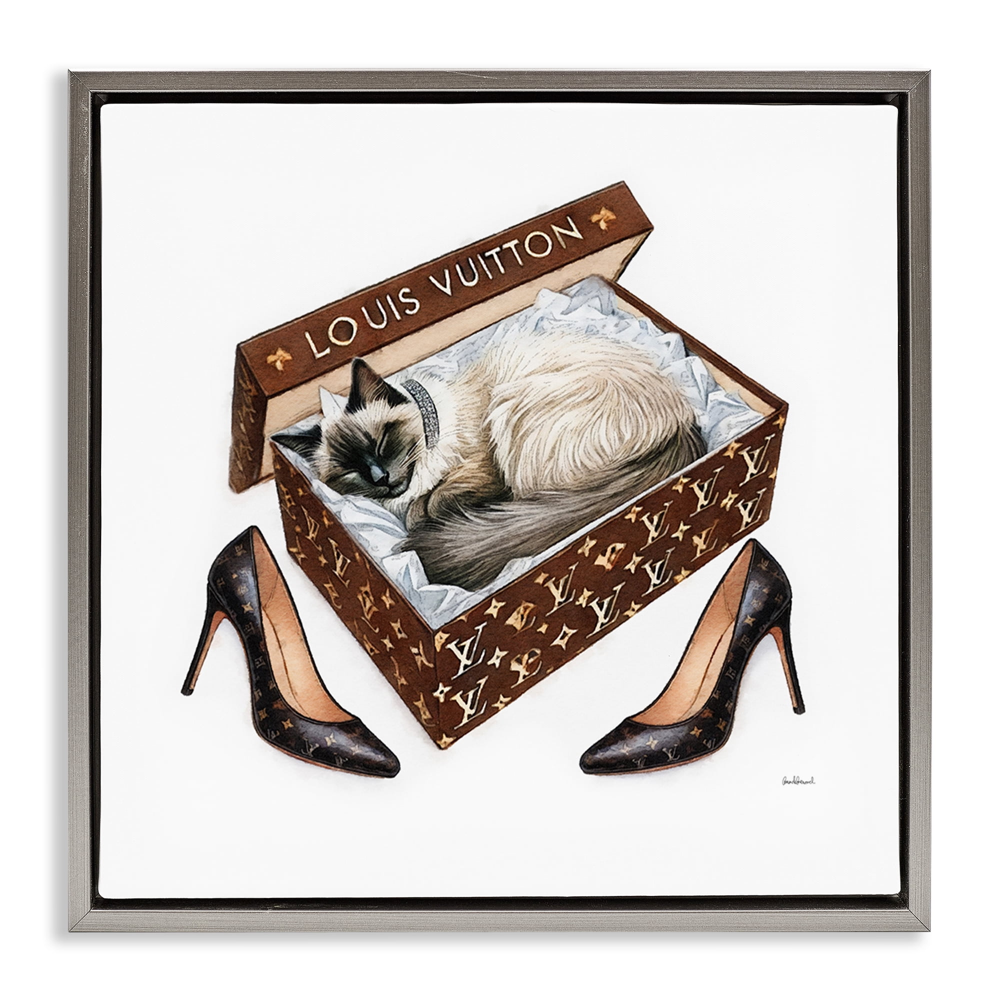 Stupell Industries Kitty Sleeping Heels Box Animals Painting Gray Floater Framed Canvas Art Print Wall Art, 18 x 18