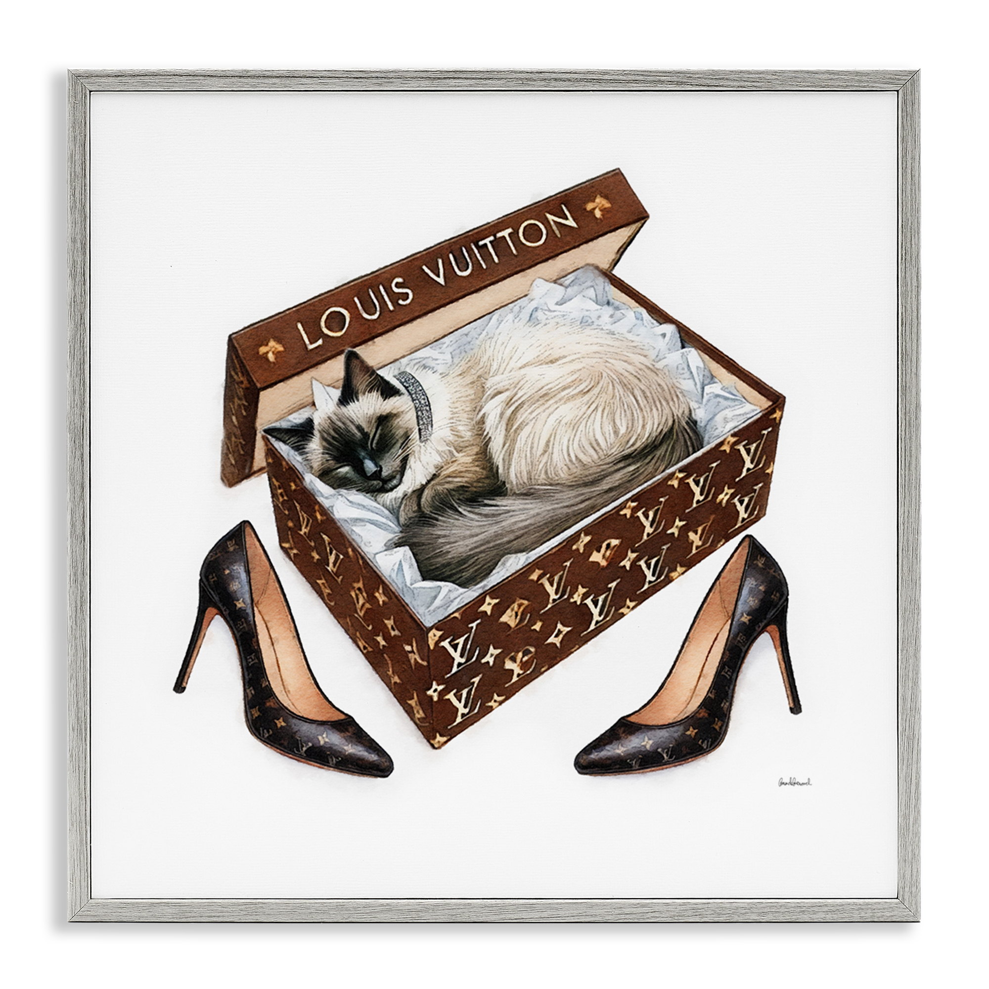 Stupell Industries Kitty Sleeping Heels Box Animals Painting Gray Framed Art Print Wall Art, 12 x 12