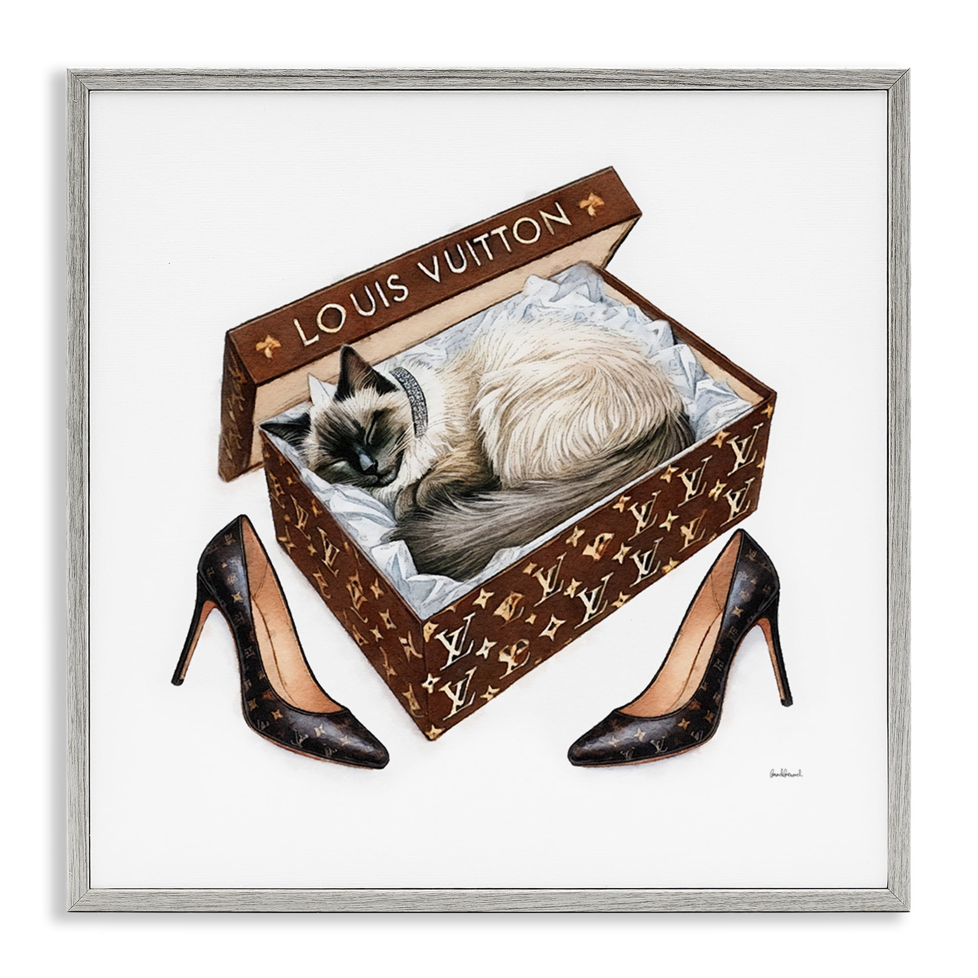 Stupell Industries Kitty Sleeping Heels Box Animals Painting Gray Framed Art Print Wall Art, 24 x 24