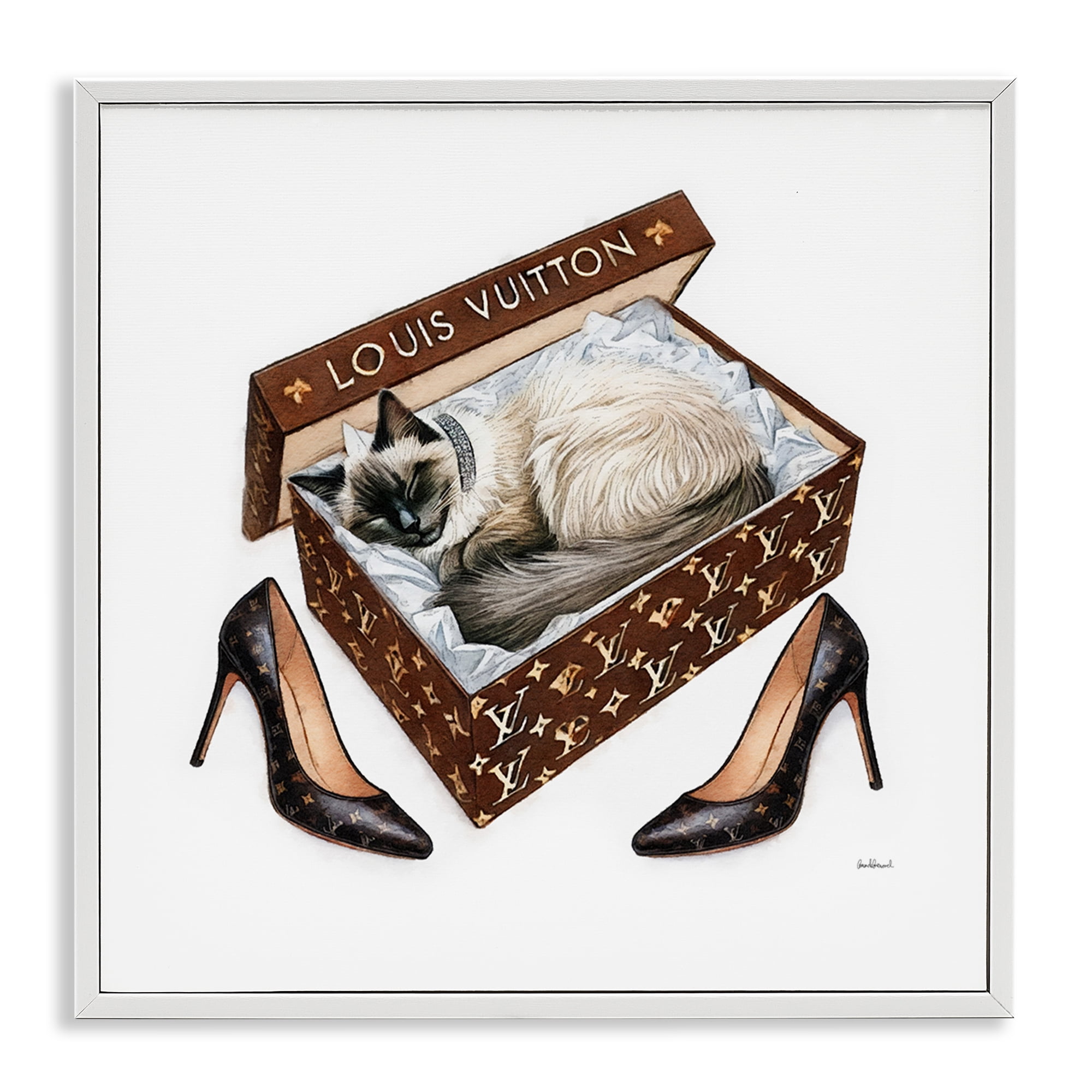 Stupell Industries Kitty Sleeping Heels Box Animals Painting White Framed Art Print Wall Art, 12 x 12