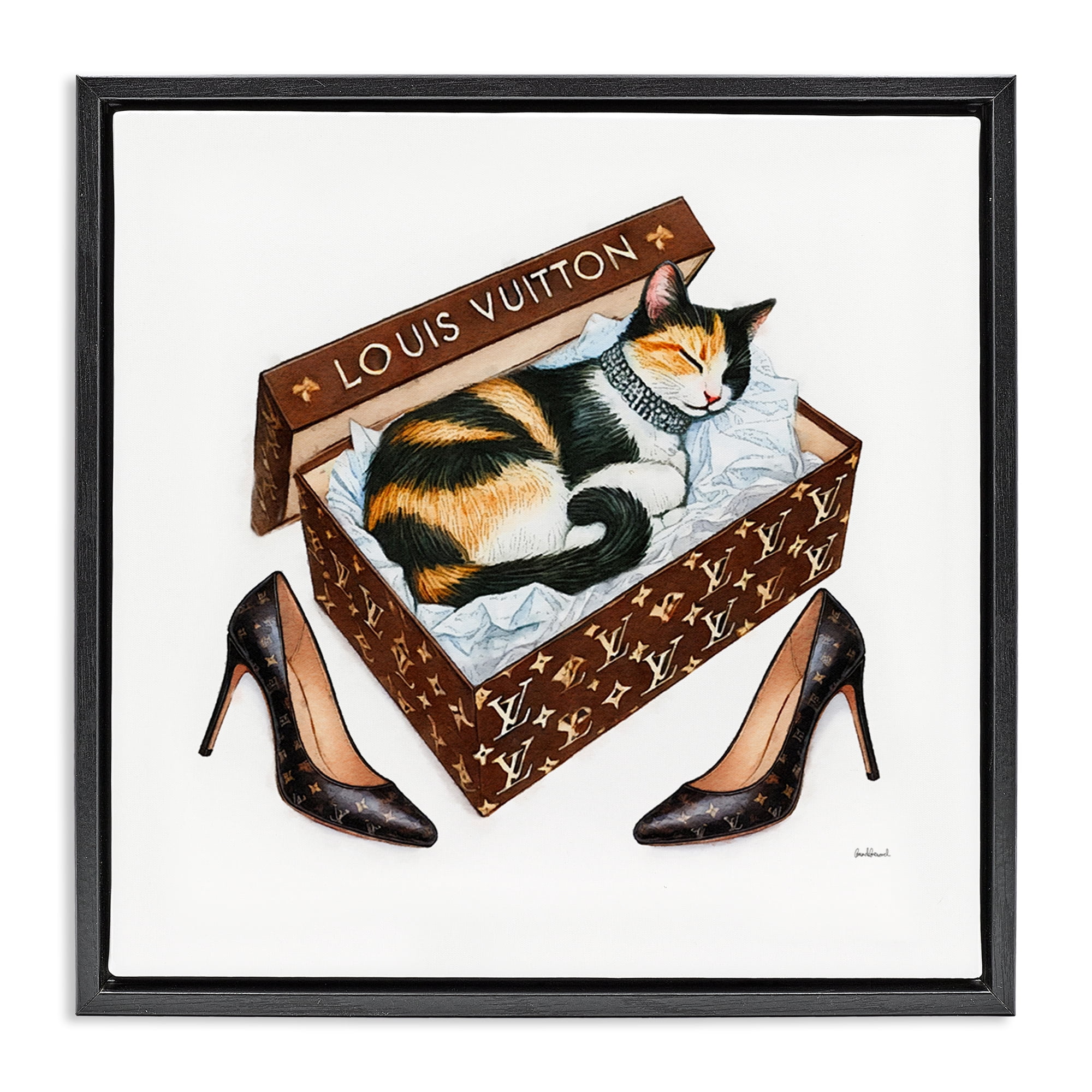 Stupell Industries Kitty Sleeping in Shoebox Animals Painting Black Floater Framed Canvas Art Print Wall Art, 25 x 25