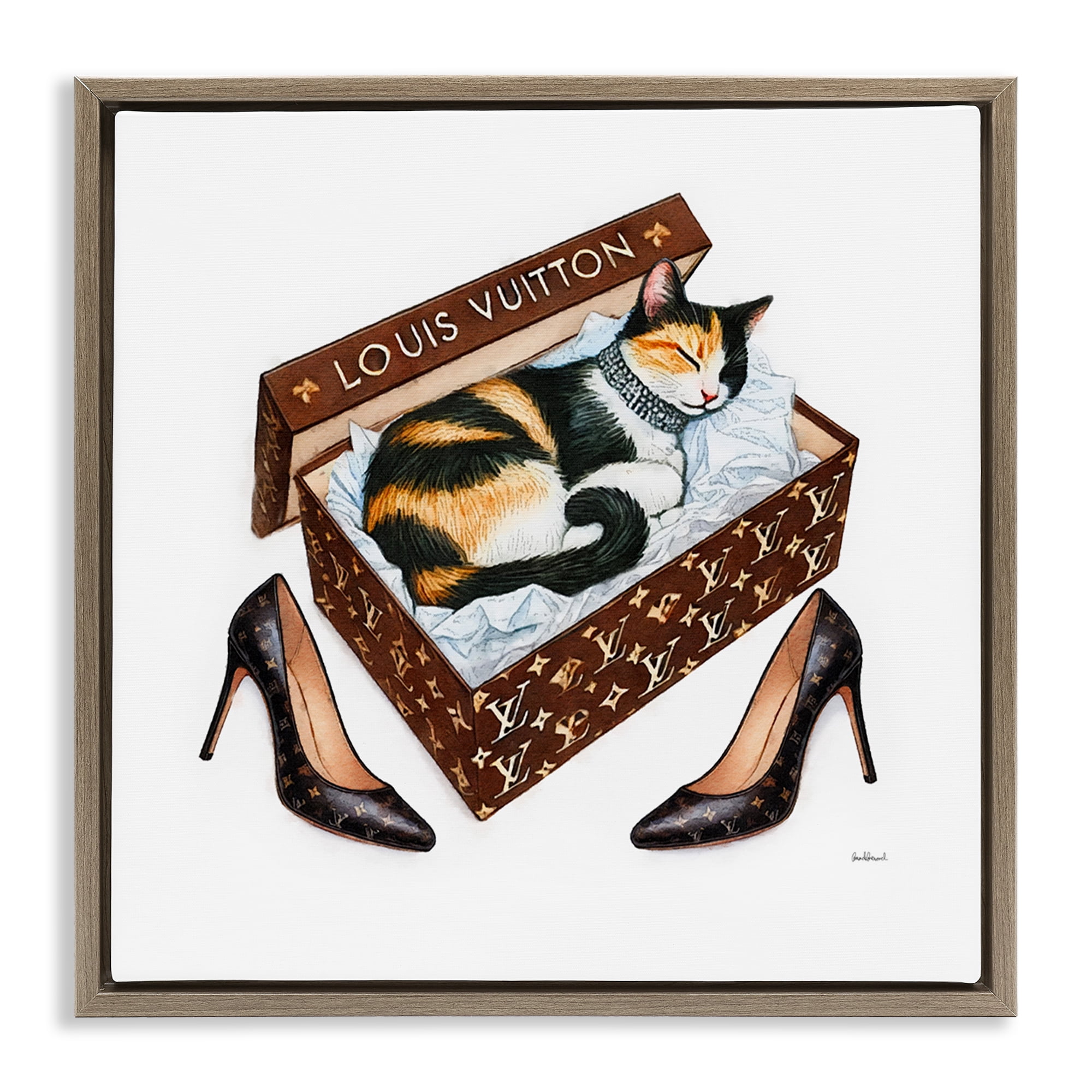Stupell Industries Kitty Sleeping in Shoebox Animals Painting Brown Floater Framed Canvas Art Print Wall Art, 18 x 18