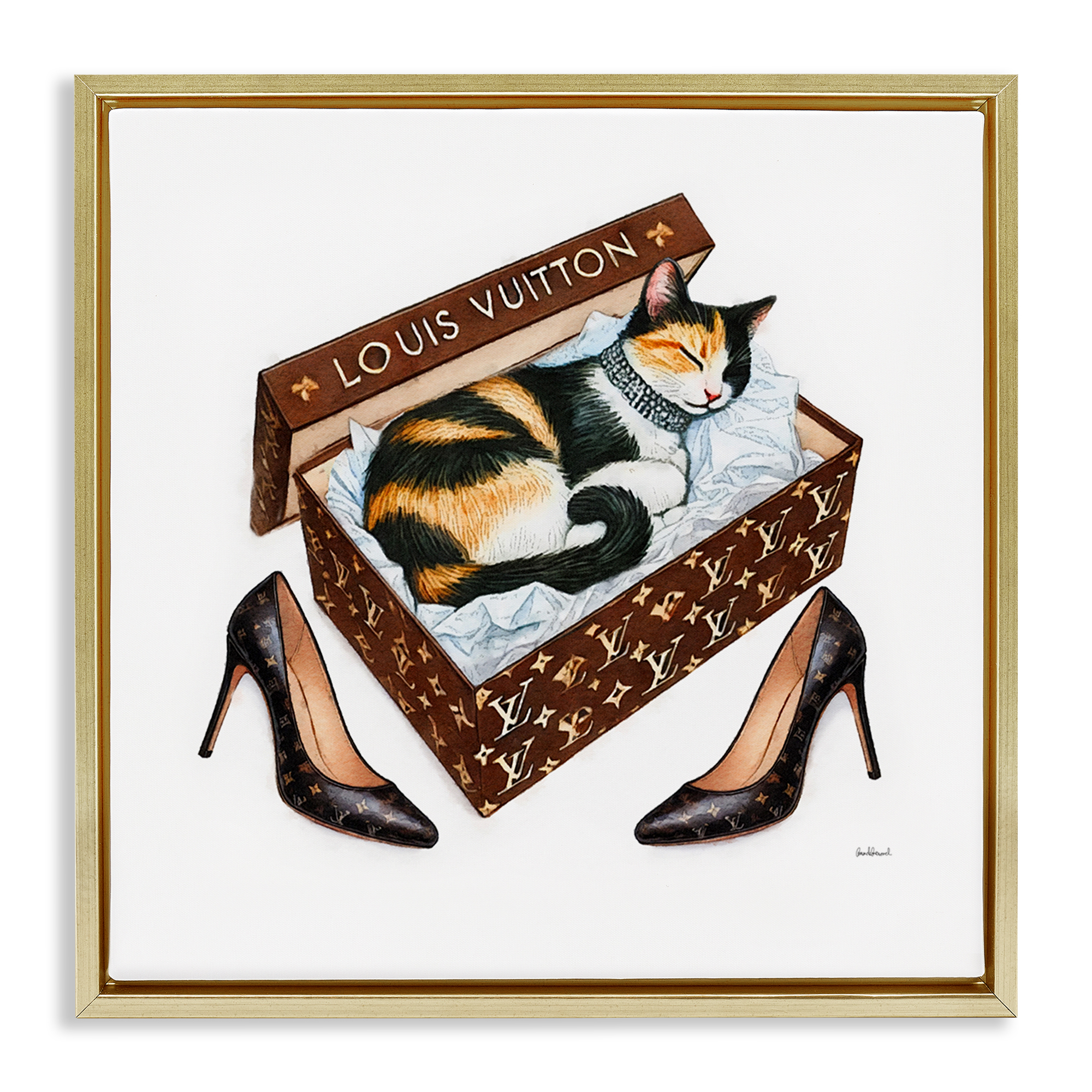 Stupell Industries Kitty Sleeping in Shoebox Animals Painting Gold Floater Framed Canvas Art Print Wall Art, 25 x 25