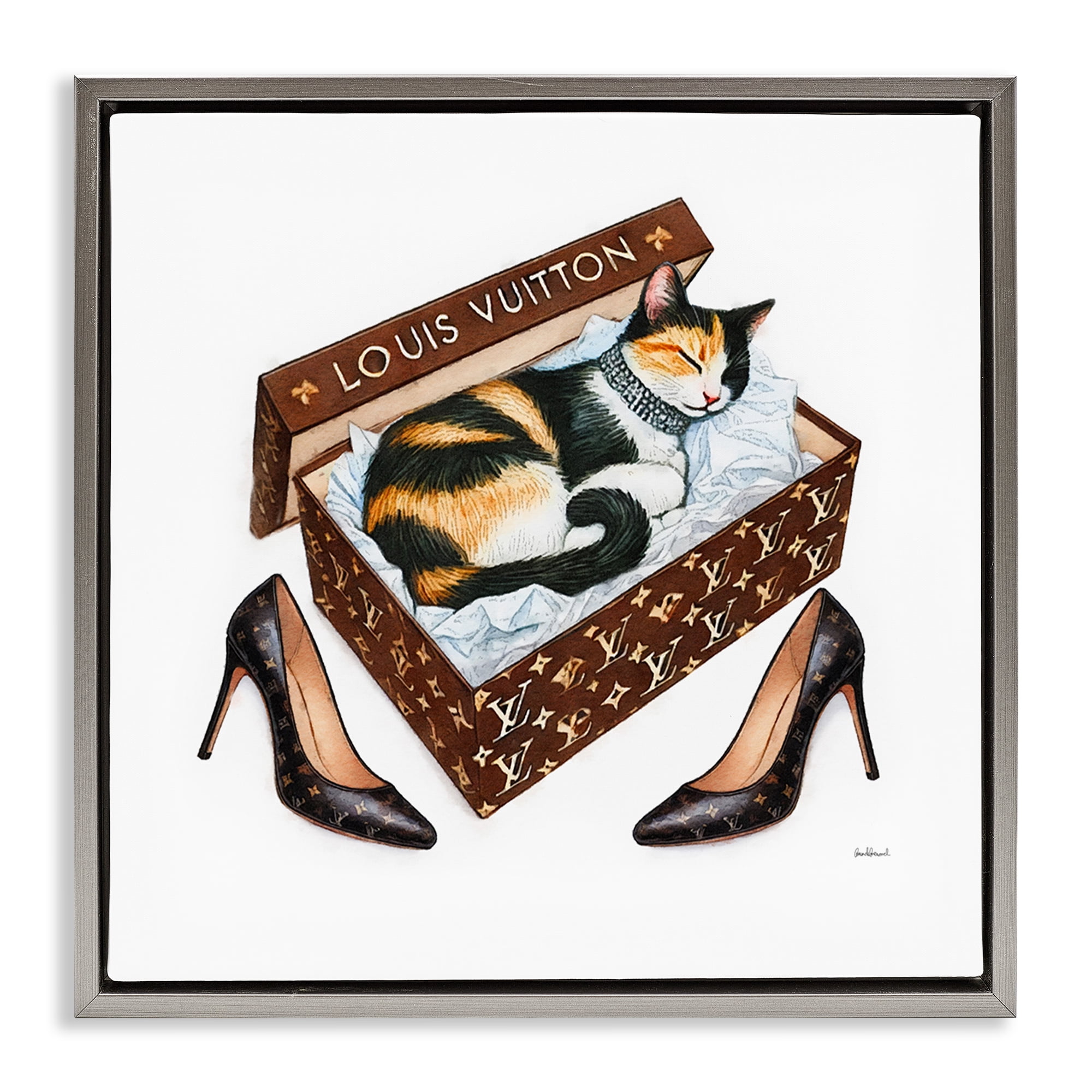 Stupell Industries Kitty Sleeping in Shoebox Animals Painting Gray Floater Framed Canvas Art Print Wall Art, 18 x 18