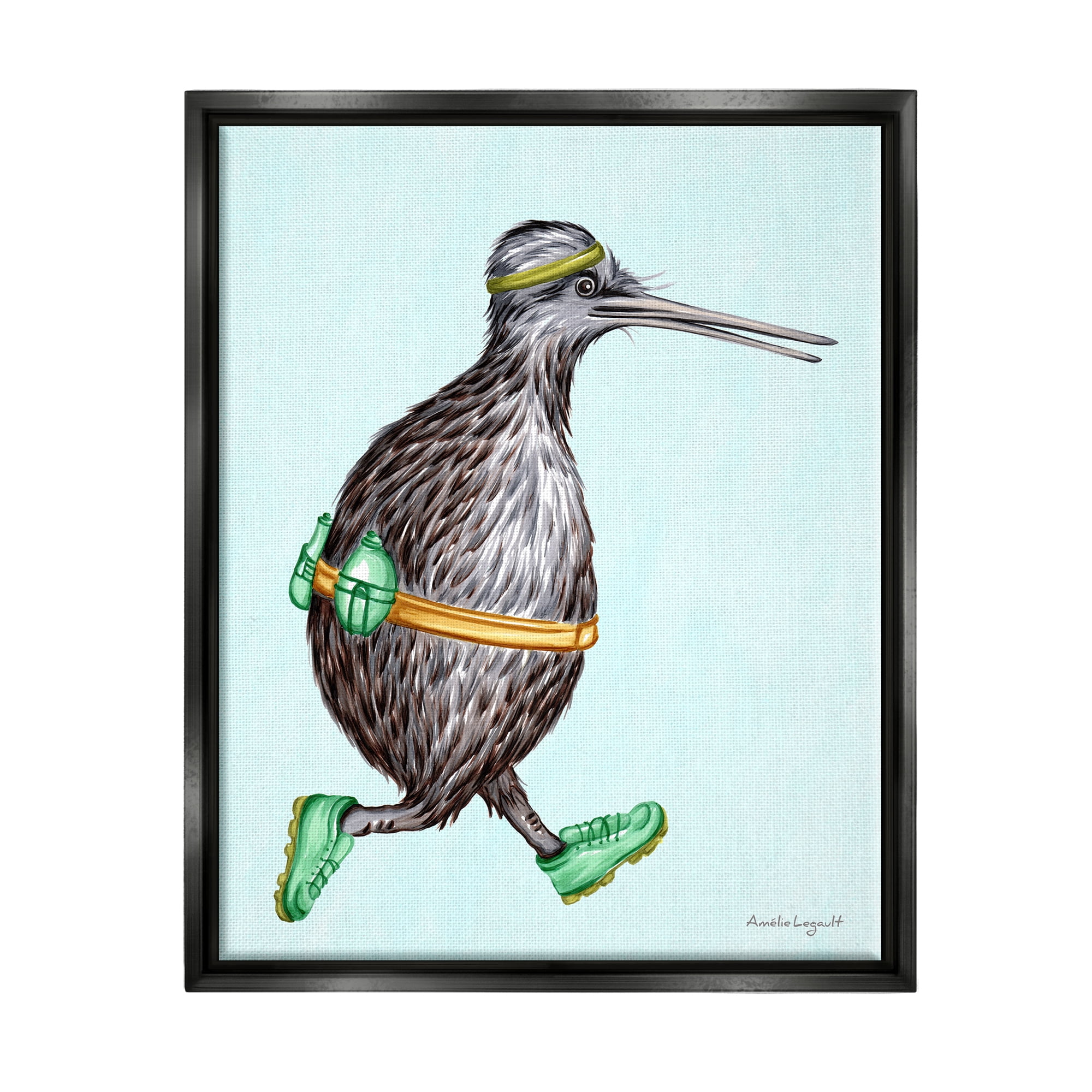 Stupell Industries Kiwi Bird Jogging Exercise Clothing Sneakers Illustration Graphic Art Jet Black Floating Framed Canvas Print Wall Art, Design by Amelie Legault