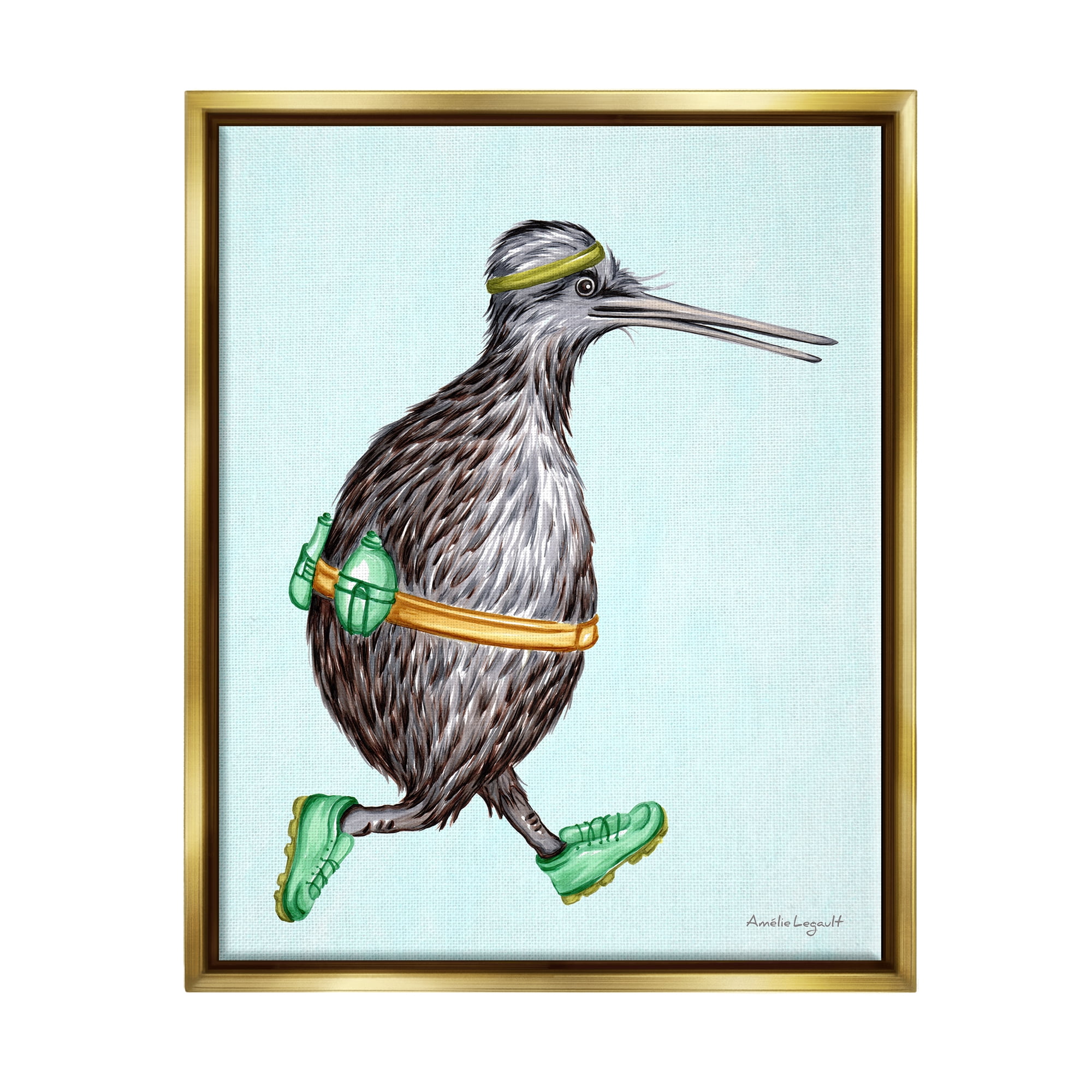 Stupell Industries Kiwi Bird Jogging Exercise Clothing Sneakers Illustration Graphic Art Metallic Gold Floating Framed Canvas Print Wall Art, Design by Amelie Legault