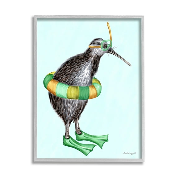 Stupell Industries Kiwi Bird Swimming Tube Flippers Summertime Illustration Graphic Art Gray Framed Art Print Wall Art, Design by Amelie Legault