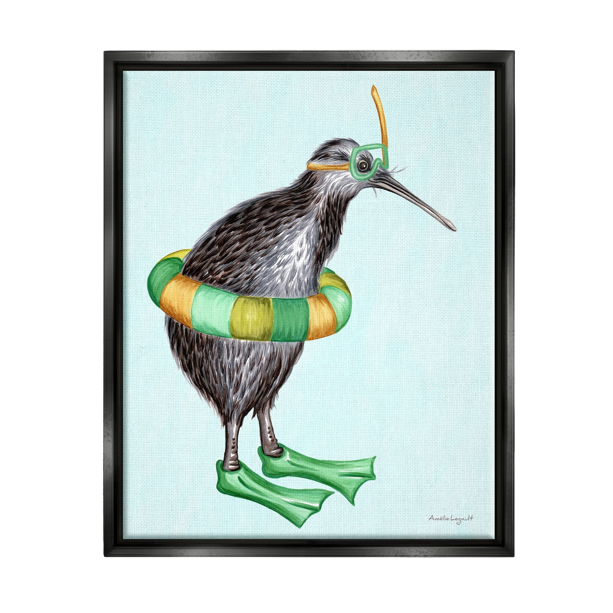 Stupell Industries Kiwi Bird Swimming Tube Flippers Summertime Illustration Graphic Art Jet Black Floating Framed Canvas Print Wall Art, Design by Amelie Legault