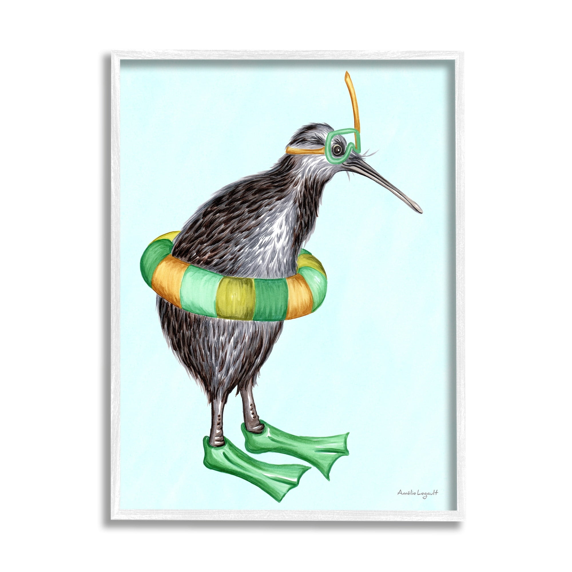 Stupell Industries Kiwi Bird Swimming Tube Flippers Summertime Illustration Graphic Art White Framed Art Print Wall Art, Design by Amelie Legault