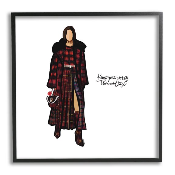 Stupell Industries Know Your Worth Trendy Plaid Outfit Fashion Graphic Art Black Framed Art Print Wall Art, Design by Amelia Noyes