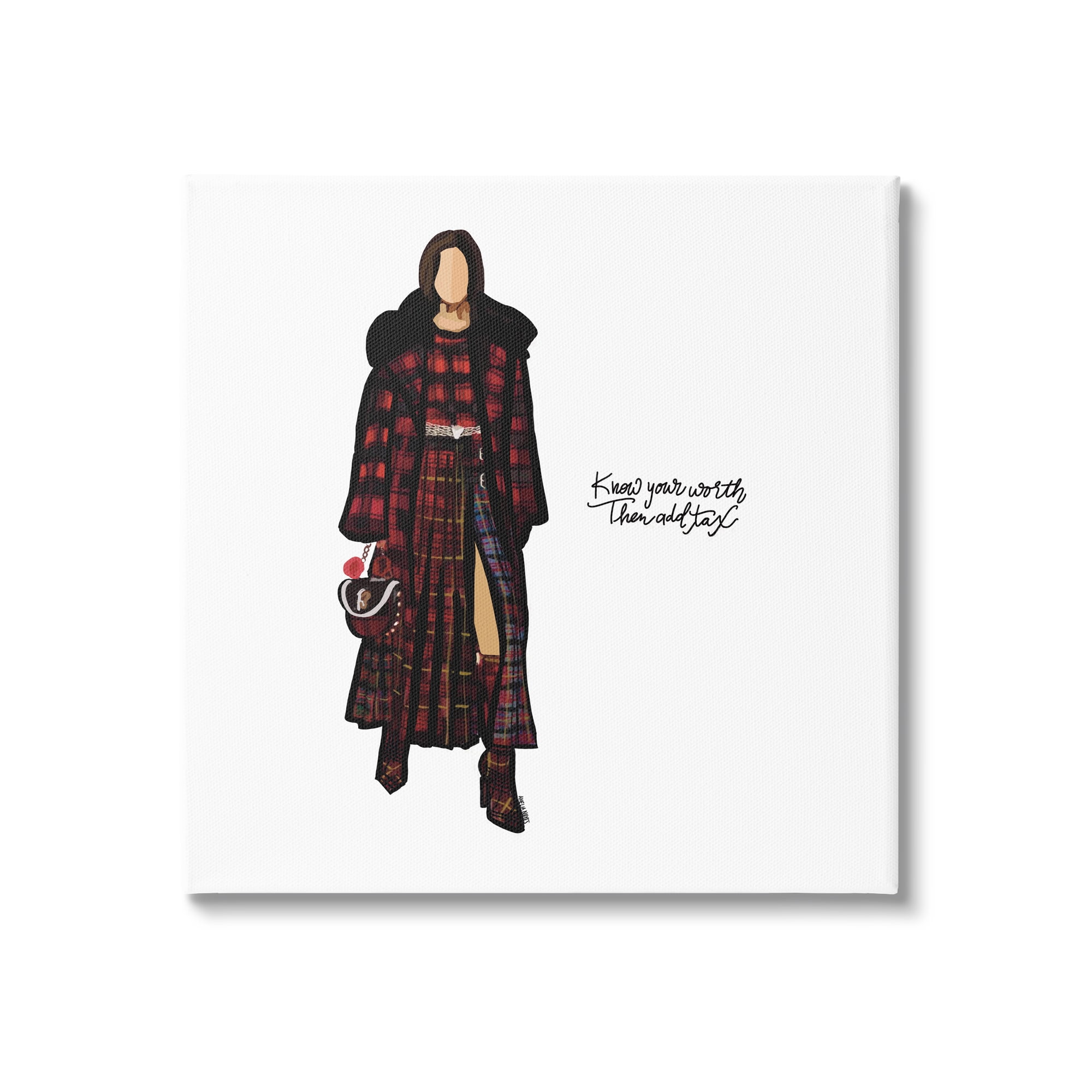 Stupell Industries Know Your Worth Trendy Plaid Outfit Fashion Graphic Art Gallery Wrapped Canvas Print Wall Art, Design by Amelia Noyes