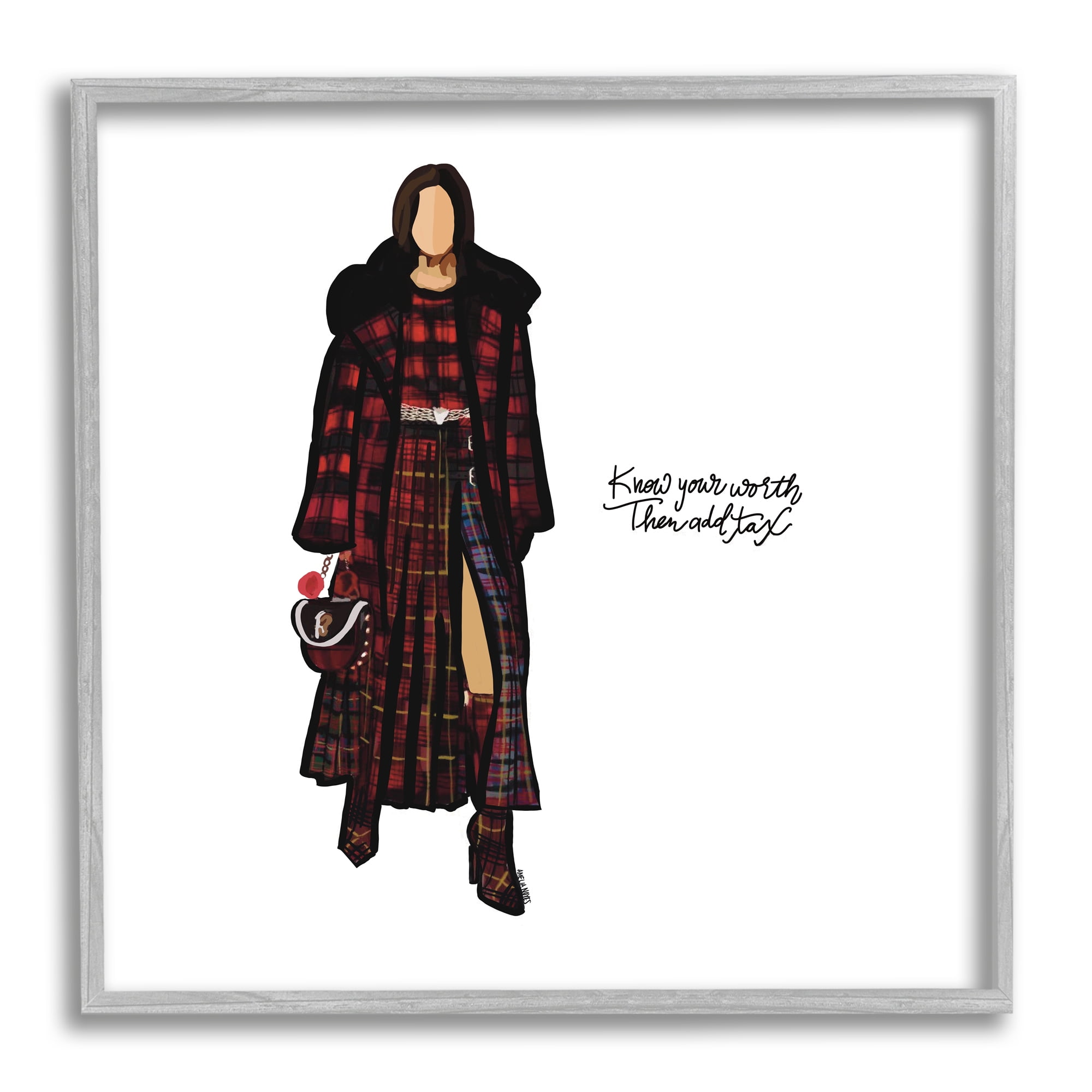 Stupell Industries Know Your Worth Trendy Plaid Outfit Fashion Graphic Art Gray Framed Art Print Wall Art, Design by Amelia Noyes