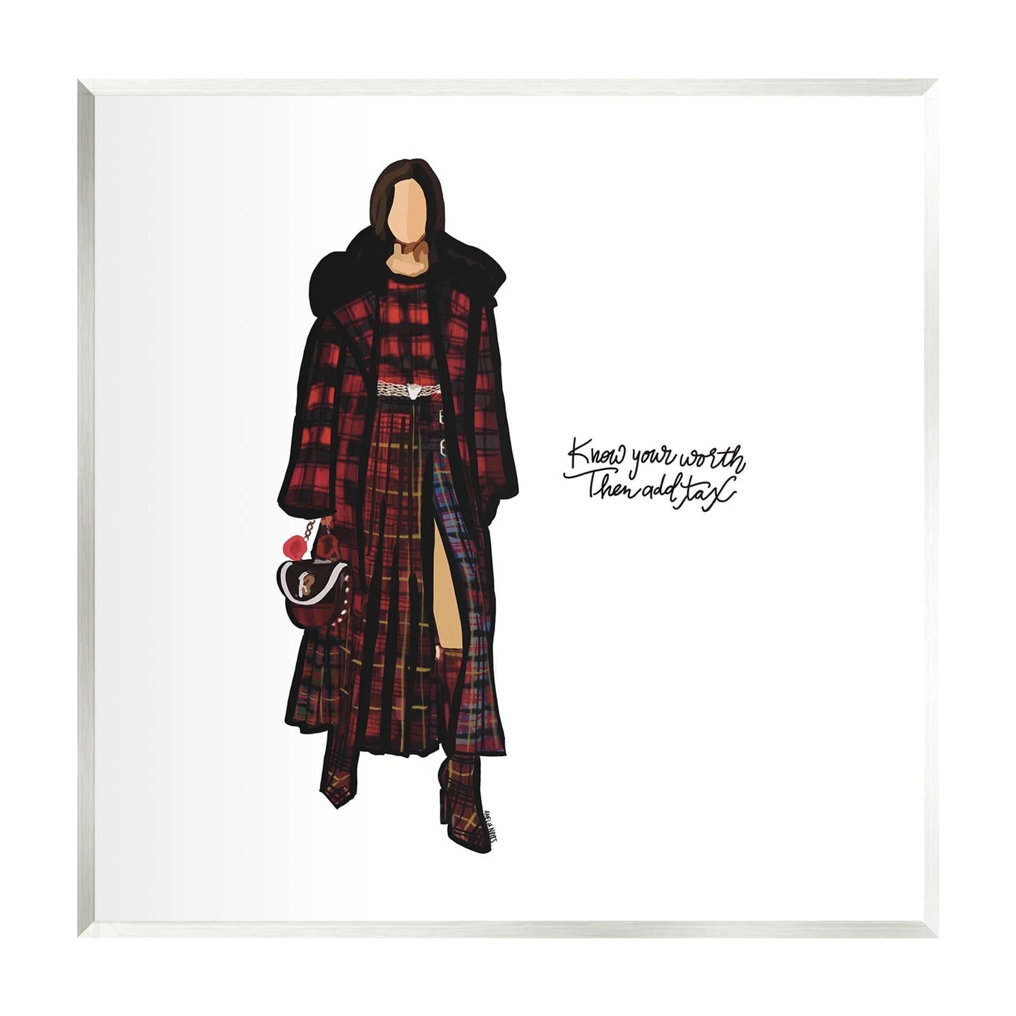 Stupell Industries Know Your Worth Trendy Plaid Outfit Fashion Graphic Art Unframed Art Print Wall Art, Design by Amelia Noyes