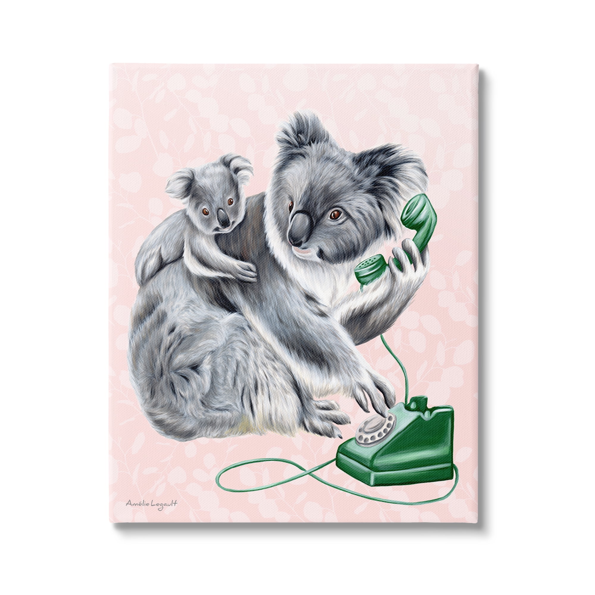 Stupell Industries Koala & Baby Green Rotary Phone Vintage Botanicals Graphic Art Gallery Wrapped Canvas Print Wall Art, Design by Amelie Legault