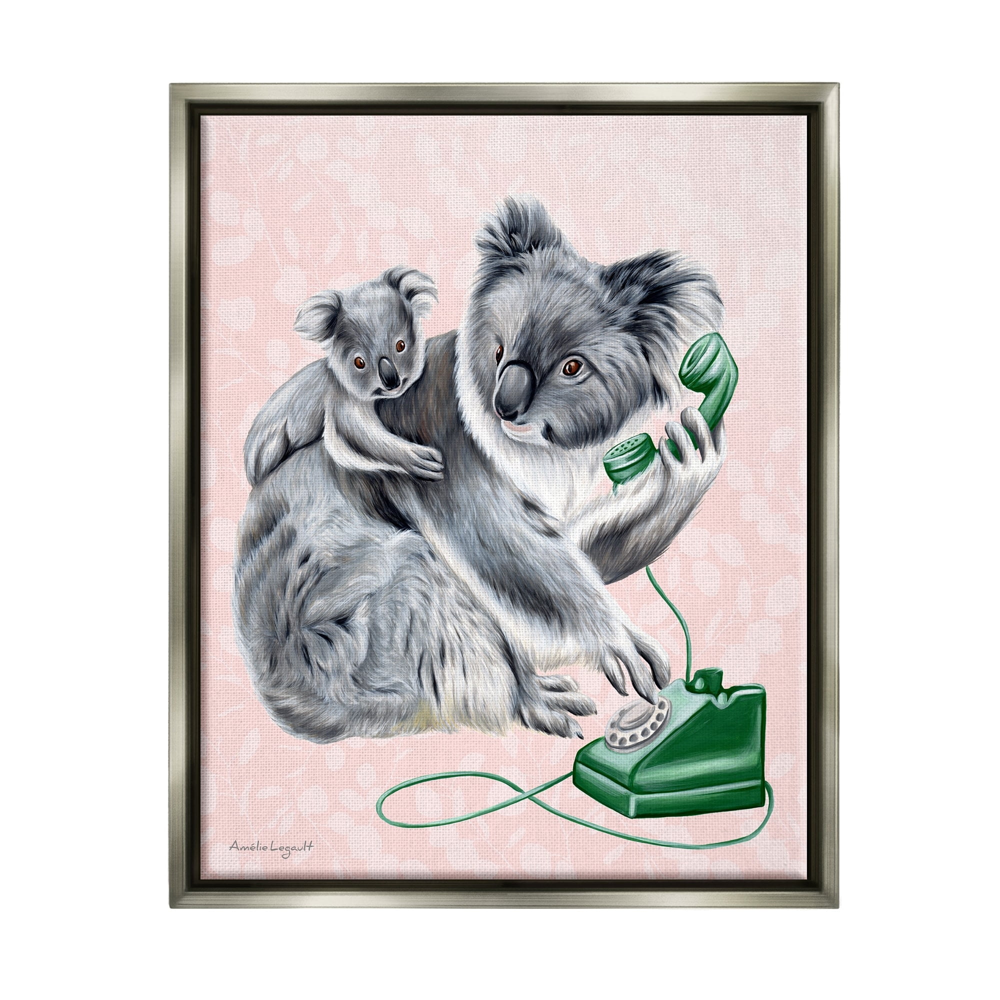 Stupell Industries Koala & Baby Green Rotary Phone Vintage Botanicals Graphic Art Luster Gray Floating Framed Canvas Print Wall Art, Design by Amelie Legault