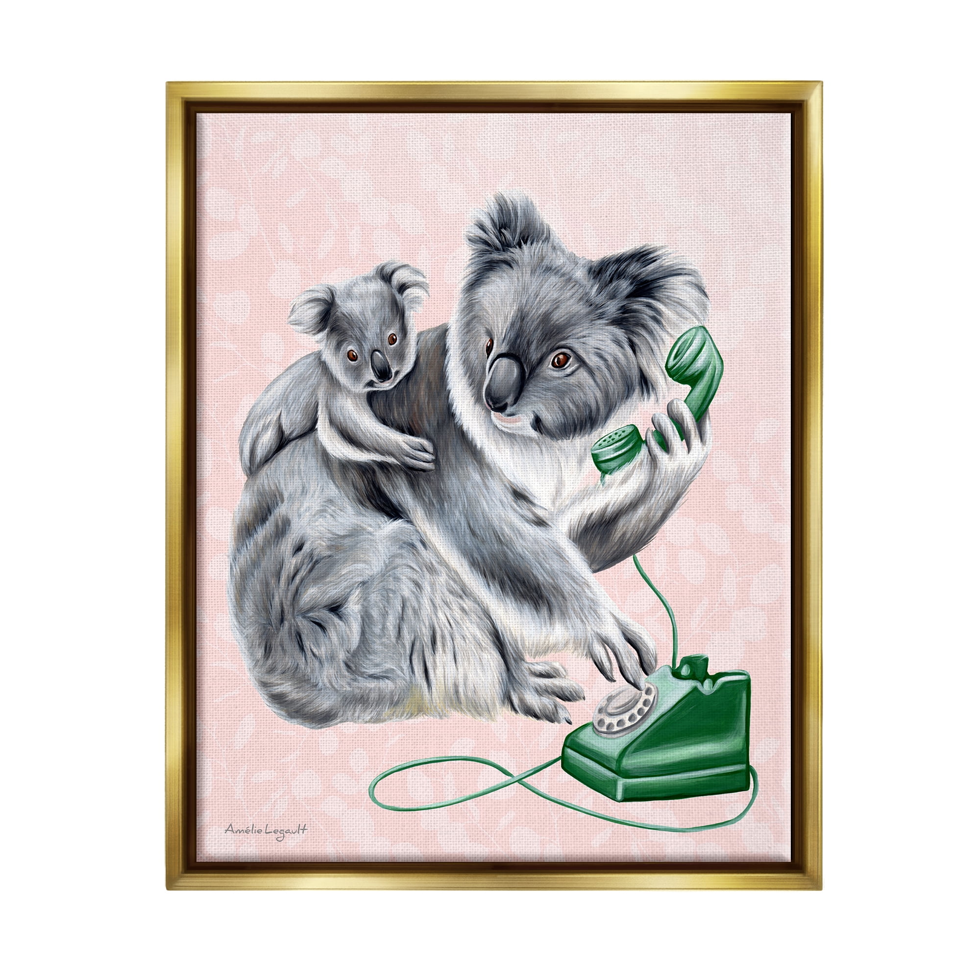 Stupell Industries Koala & Baby Green Rotary Phone Vintage Botanicals Graphic Art Metallic Gold Floating Framed Canvas Print Wall Art, Design by Amelie Legault