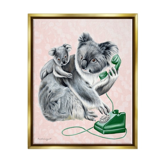 Stupell Industries Koala & Baby Green Rotary Phone Vintage Botanicals Graphic Art Metallic Gold Floating Framed Canvas Print Wall Art, Design by Amelie Legault