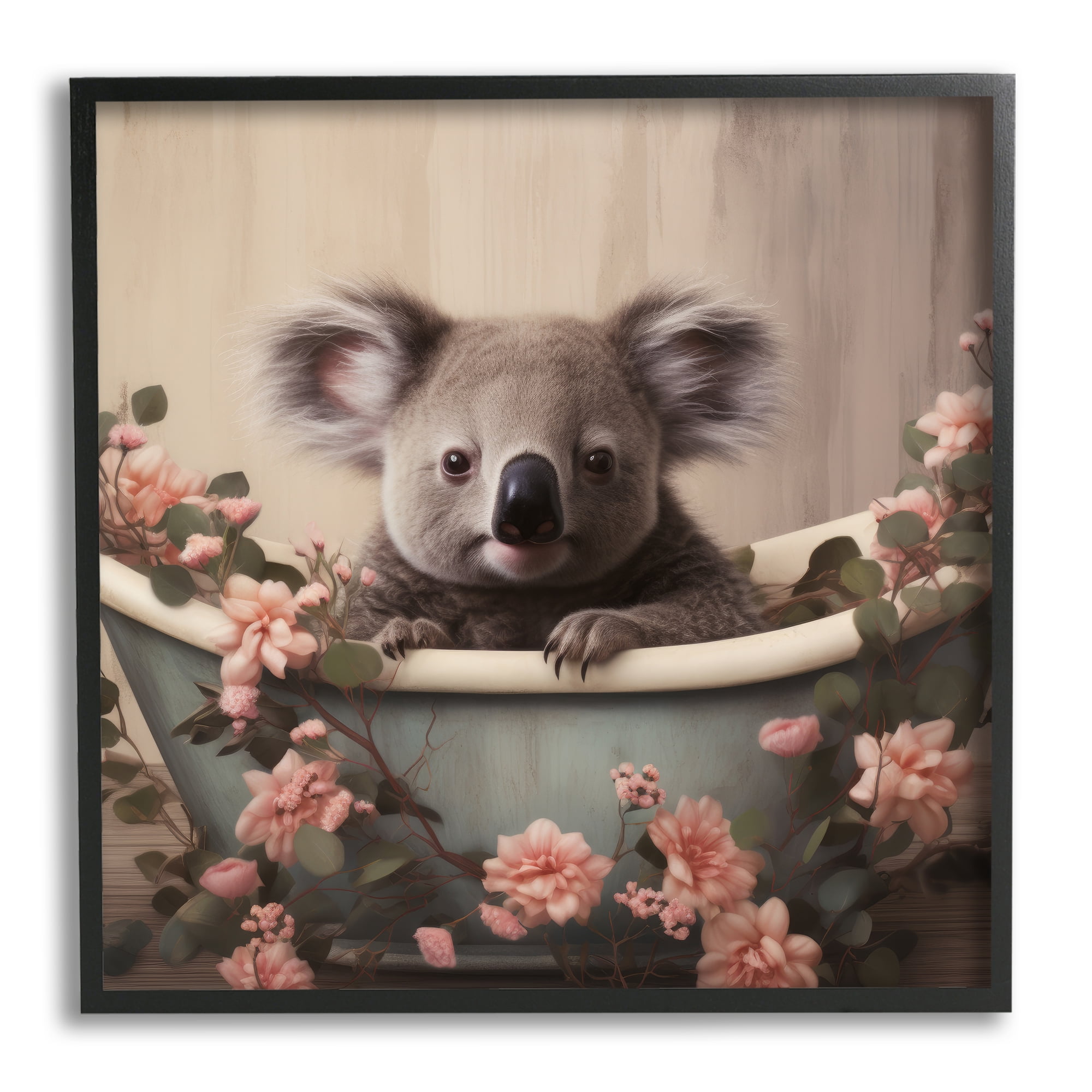 Stupell Industries Koala Bathroom Pink Florals Animals & Insects Painting Black Framed Art Print Wall Art, 17 x 17