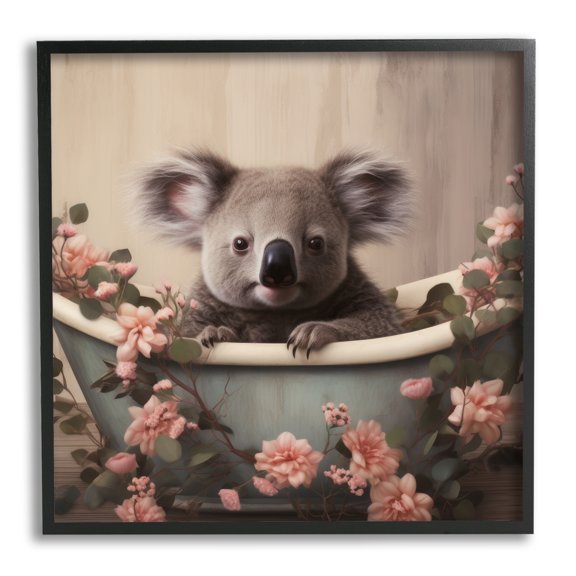 Stupell Industries Koala Bathroom Pink Florals Animals & Insects Painting Black Framed Art Print Wall Art, 17 x 17