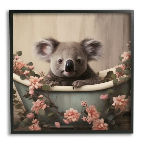Stupell Industries Koala Bathroom Pink Florals Animals & Insects Painting Black Framed Art Print Wall Art, 24 x 24