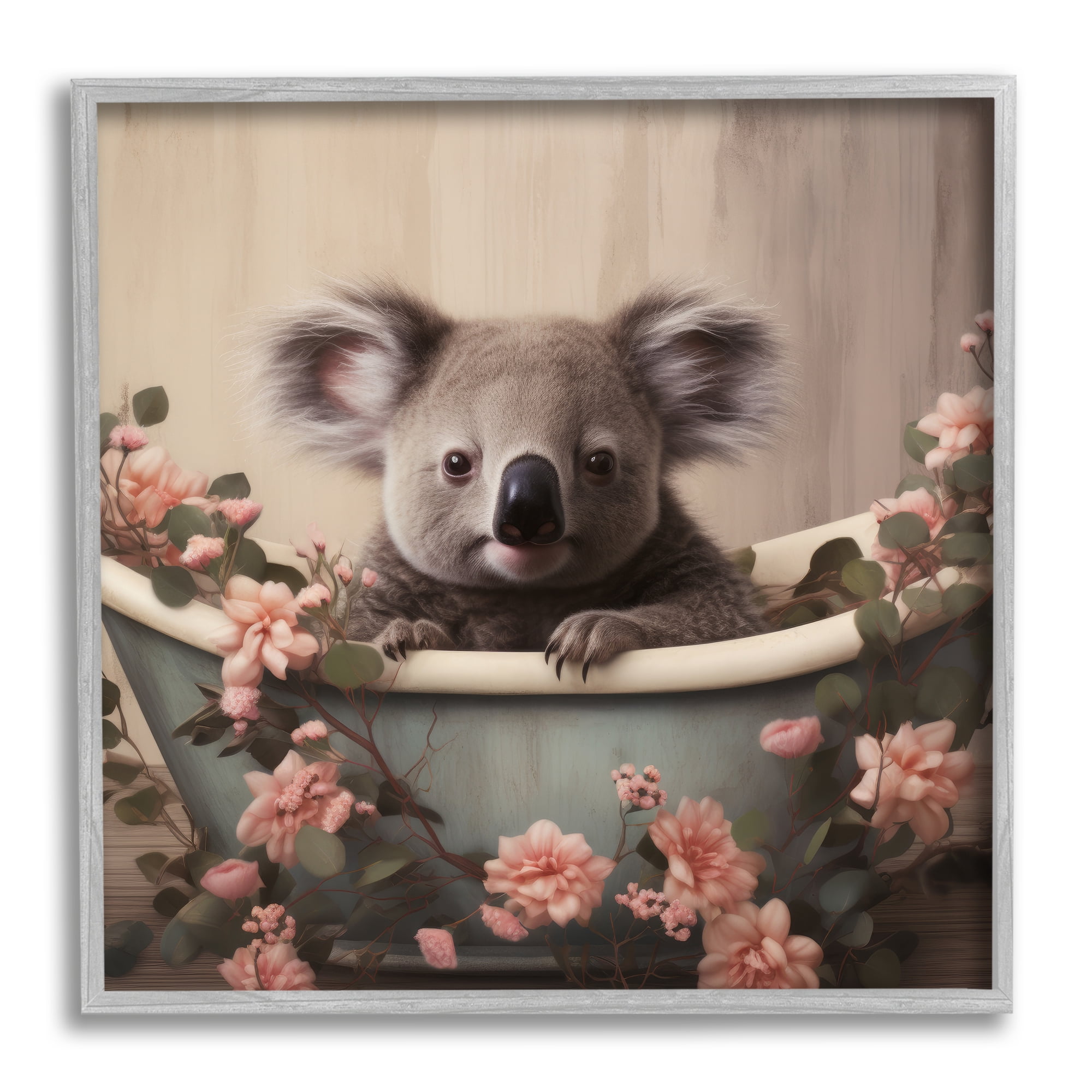 Stupell Industries Koala Bathroom Pink Florals Animals & Insects Painting Gray Framed Art Print Wall Art, 24 x 24