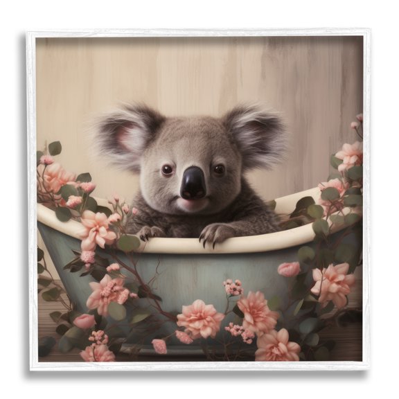 Stupell Industries Koala Bathroom Pink Florals Animals & Insects Painting White Framed Art Print Wall Art, 17 x 17
