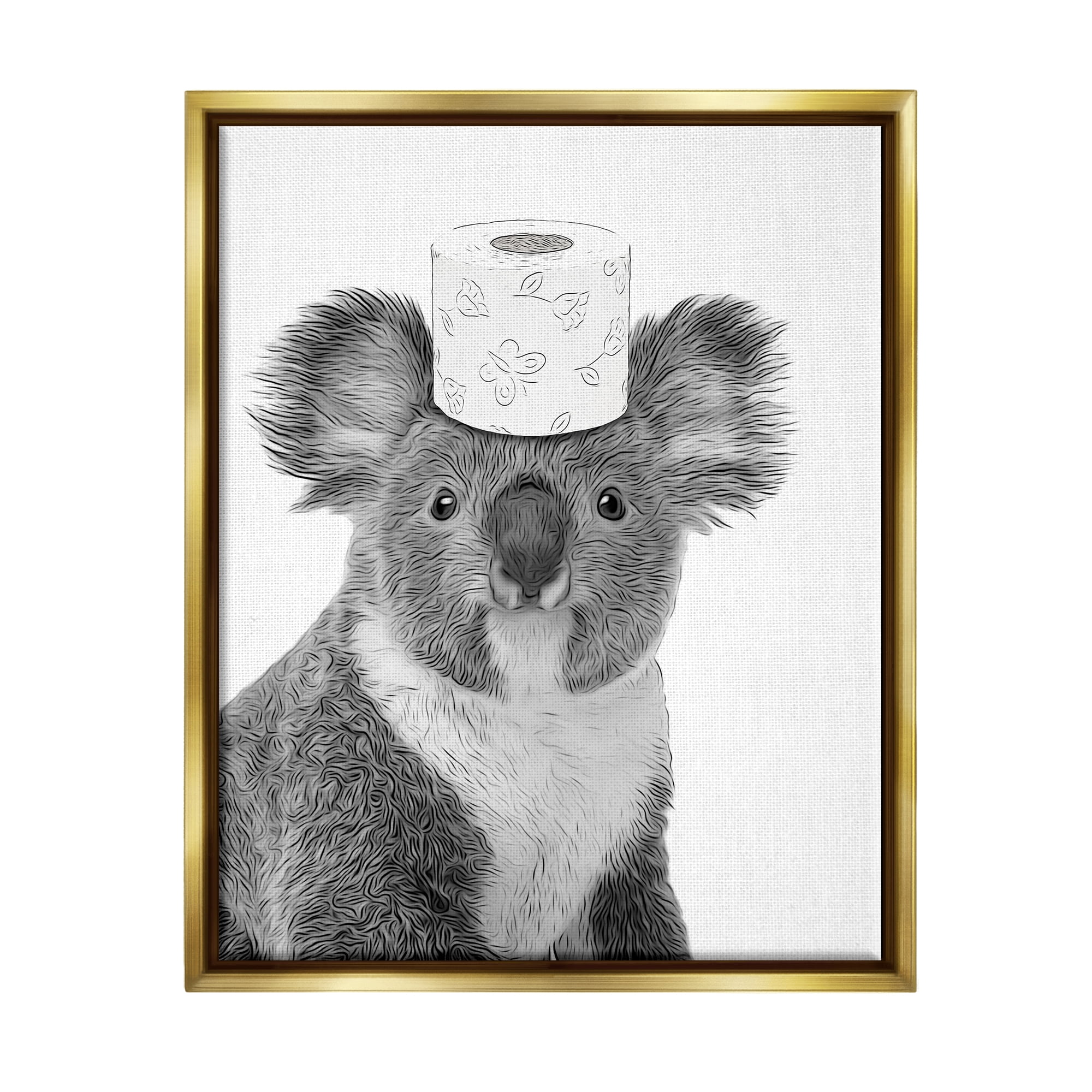 Stupell Industries Koala & Toilet Paper Bathroom Animals & Insects Painting Gold Floater Framed Art Print Wall Art