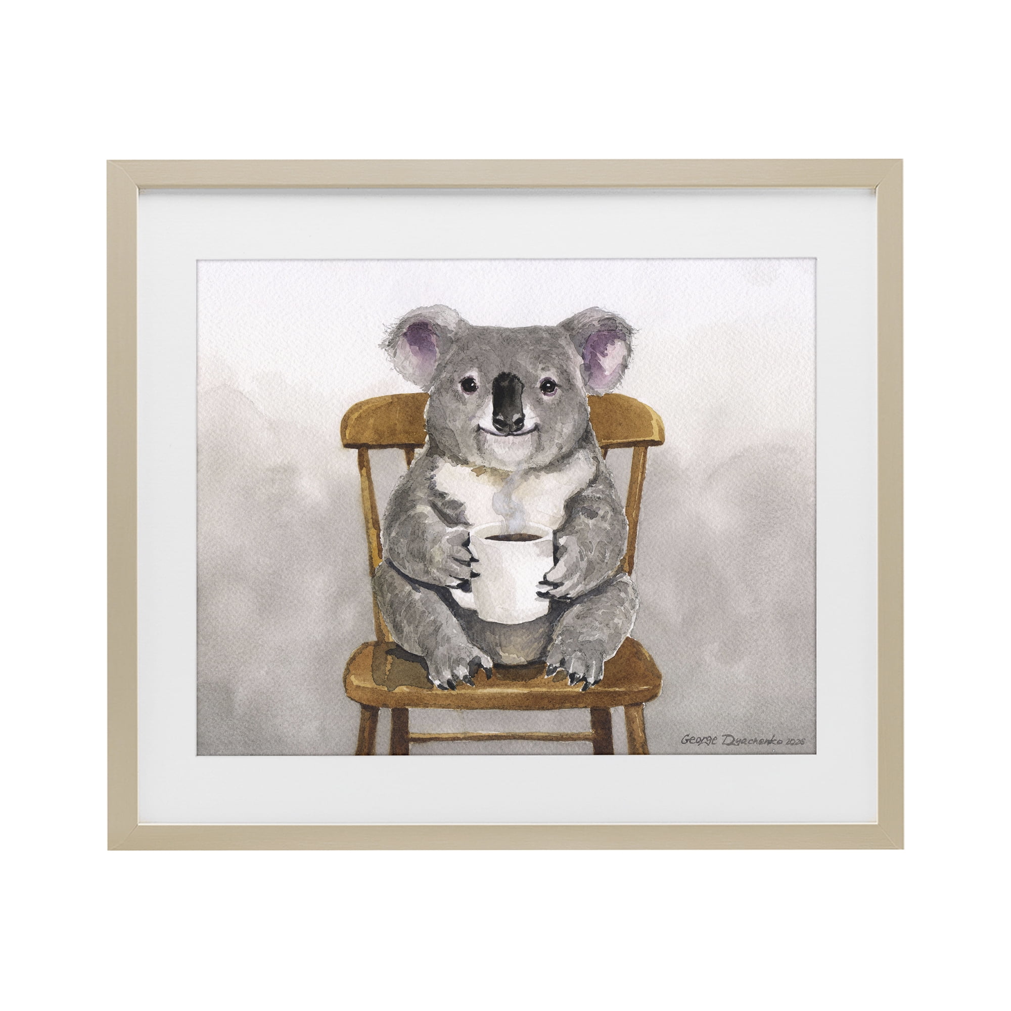 Stupell Industries Koala with Coffee Mug Birch Framed Print Under Glass, design by George Dyachenko