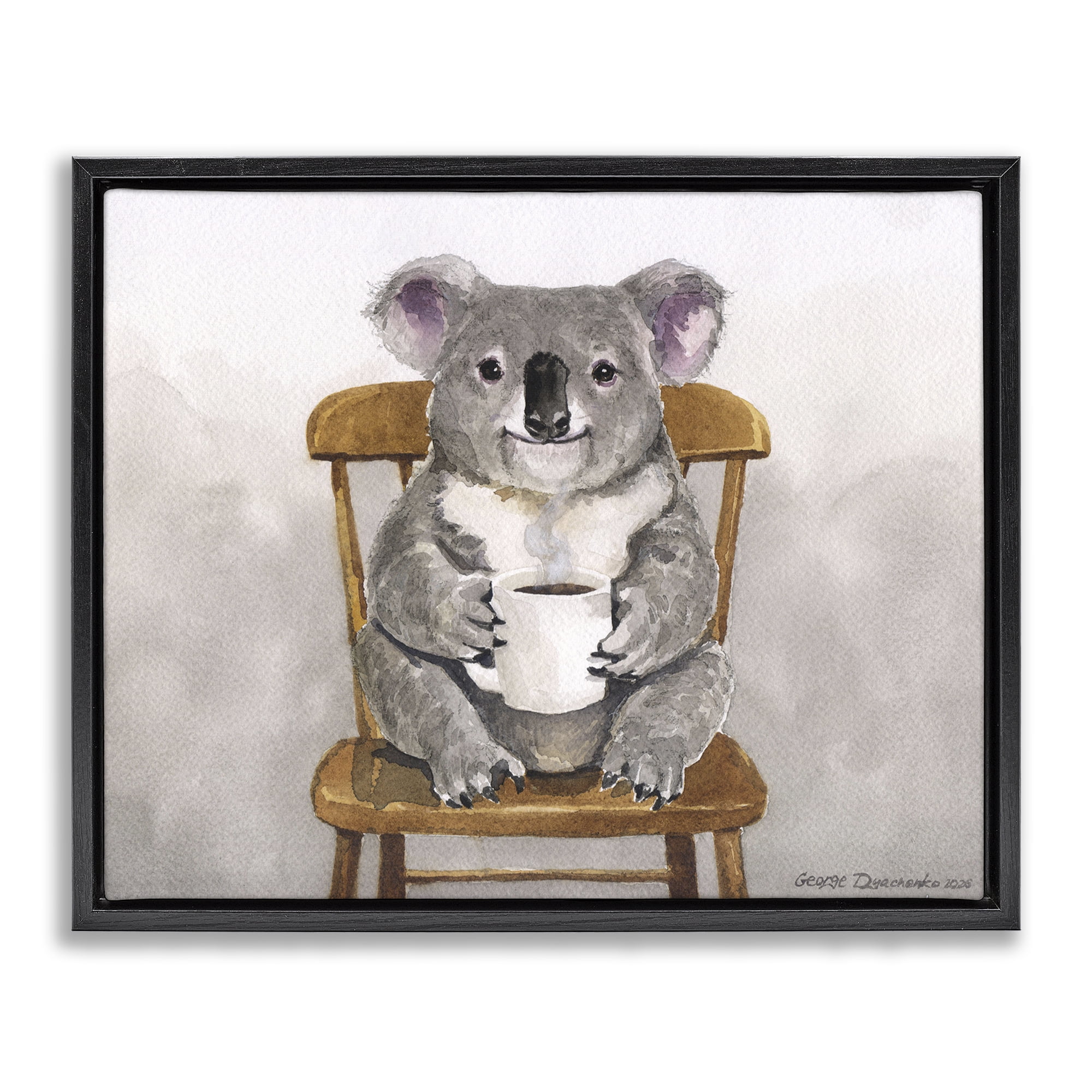 Stupell Industries Koala with Coffee Mug Black Framed Floater Canvas Wall Art, design by George Dyachenko
