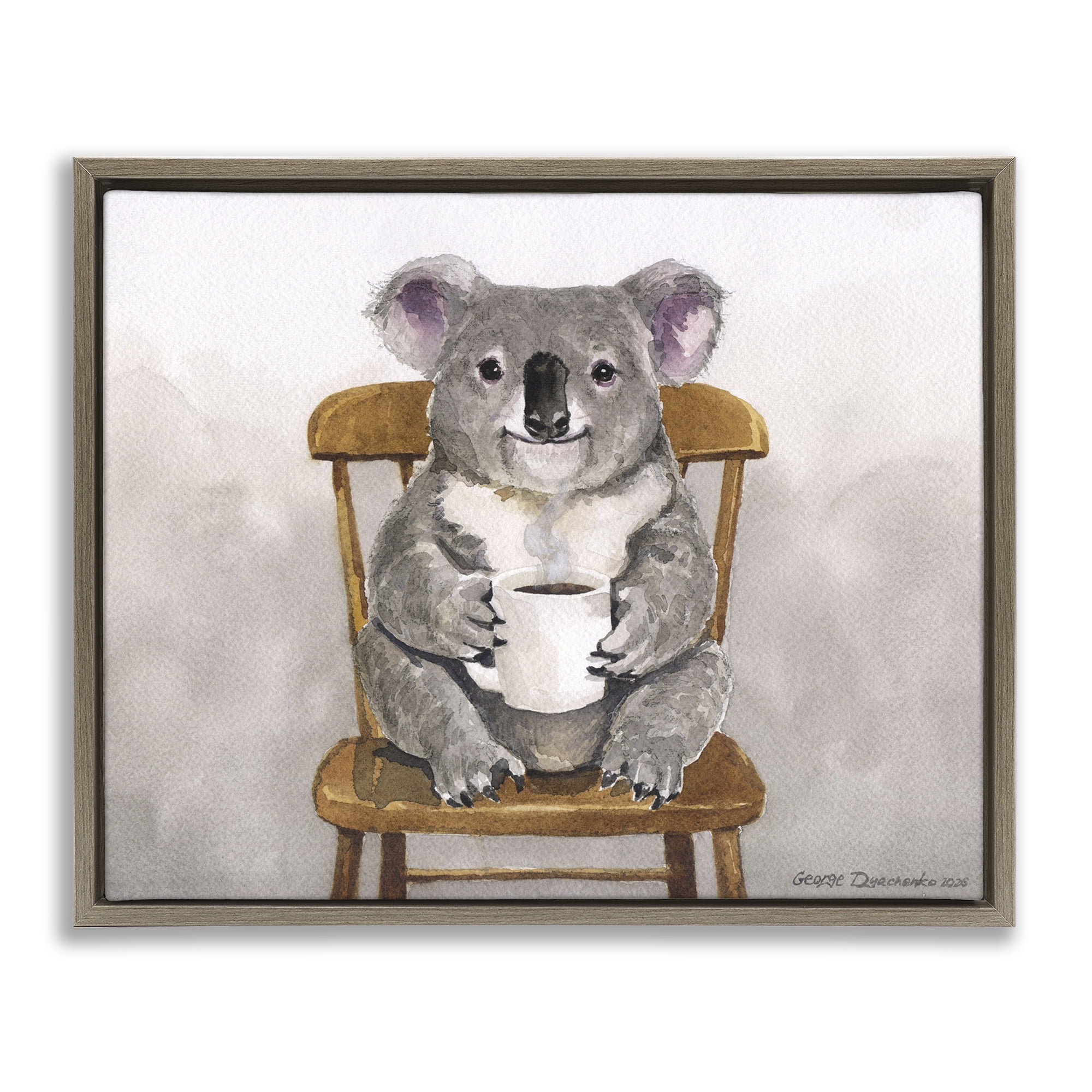 Stupell Industries Koala with Coffee Mug Brown Framed Floater Canvas Wall Art, design by George Dyachenko