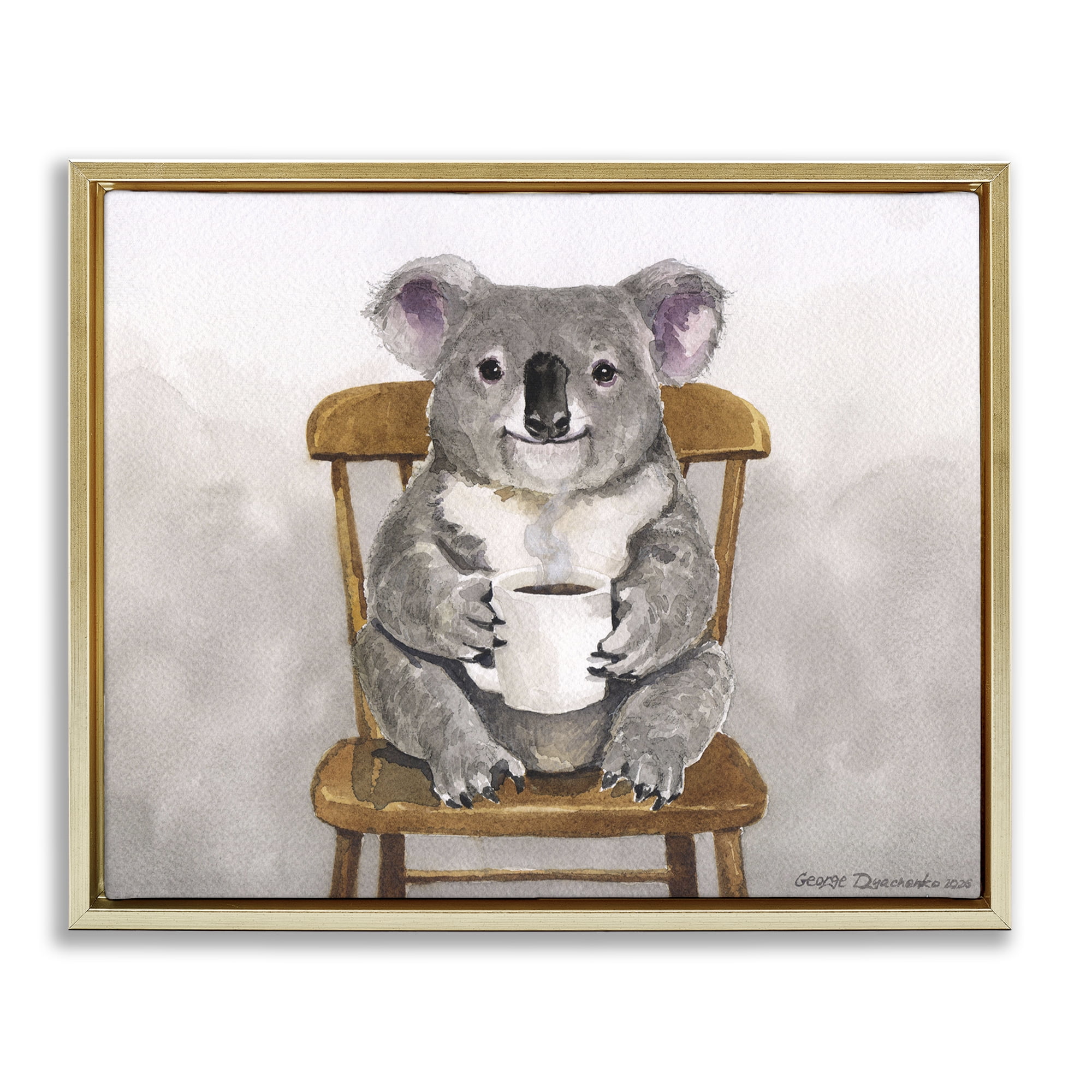 Stupell Industries Koala with Coffee Mug Gold Framed Floater Canvas Wall Art, design by George Dyachenko