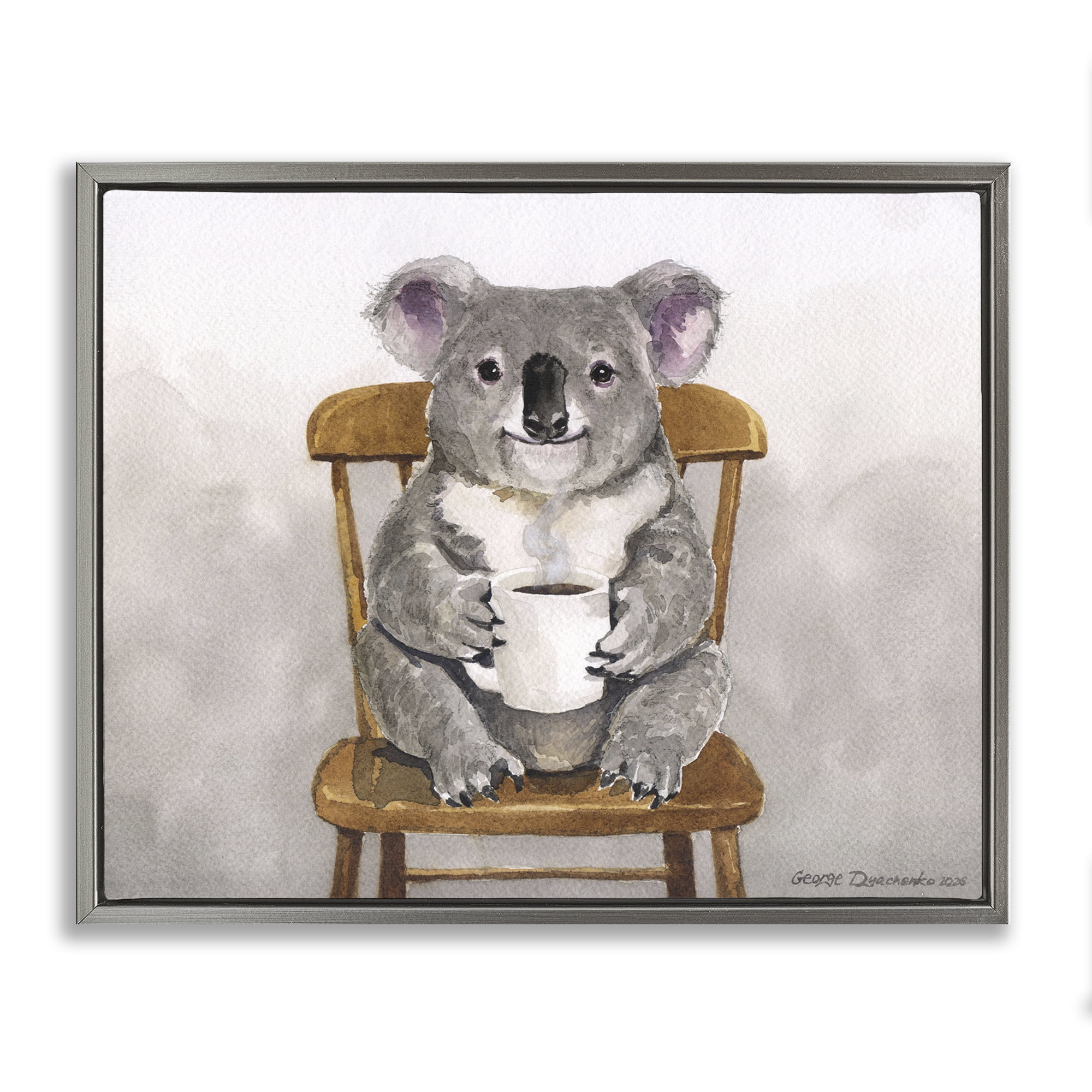 Stupell Industries Koala with Coffee Mug Gray Framed Floater Canvas Wall Art, design by George Dyachenko