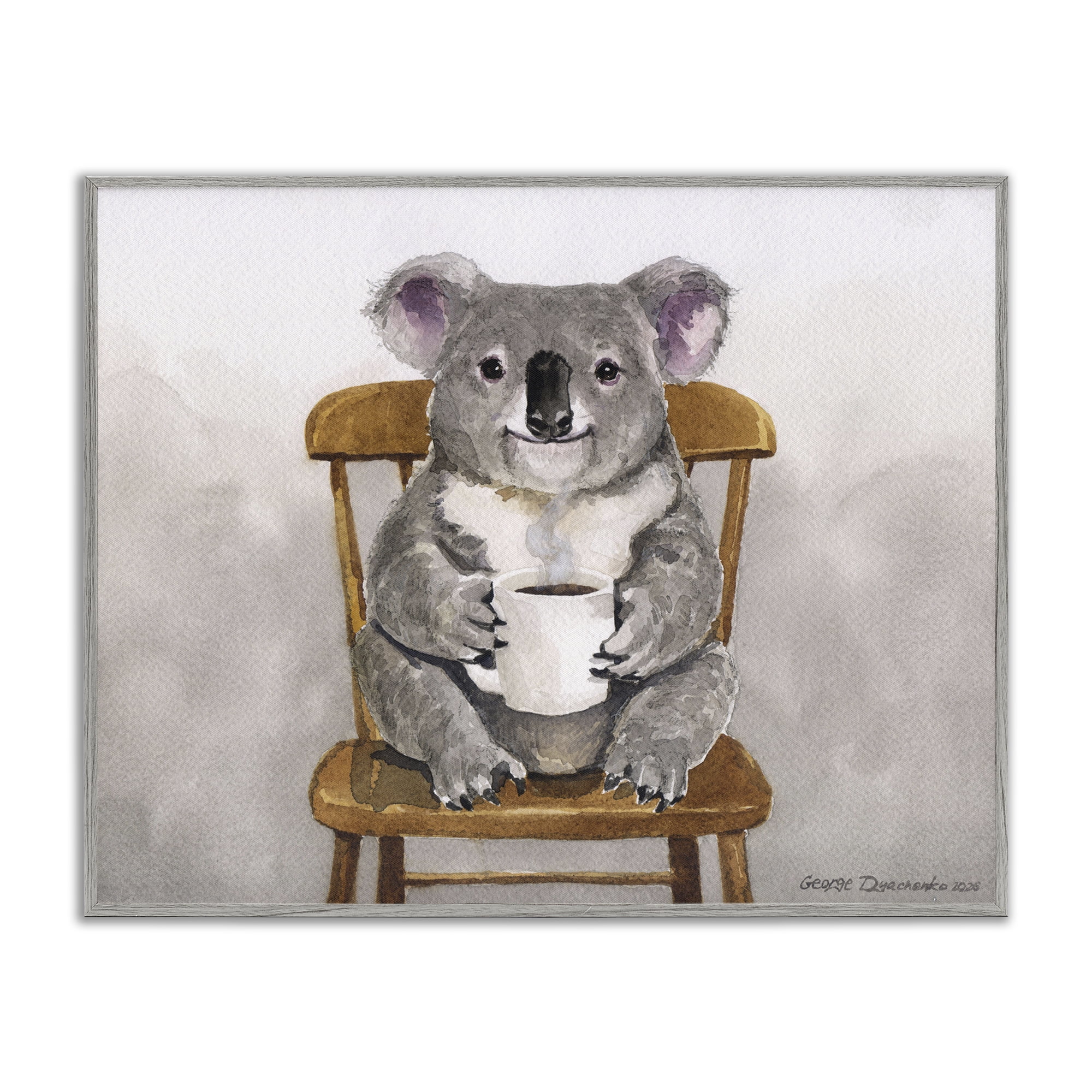 Stupell Industries Koala with Coffee Mug Gray Framed Giclee Art, design by George Dyachenko