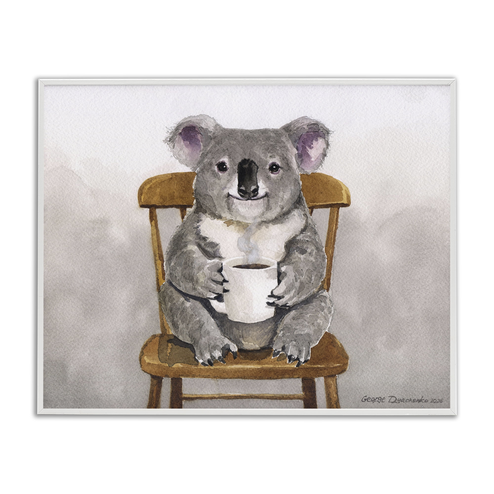 Stupell Industries Koala with Coffee Mug White Framed Giclee Art, design by George Dyachenko