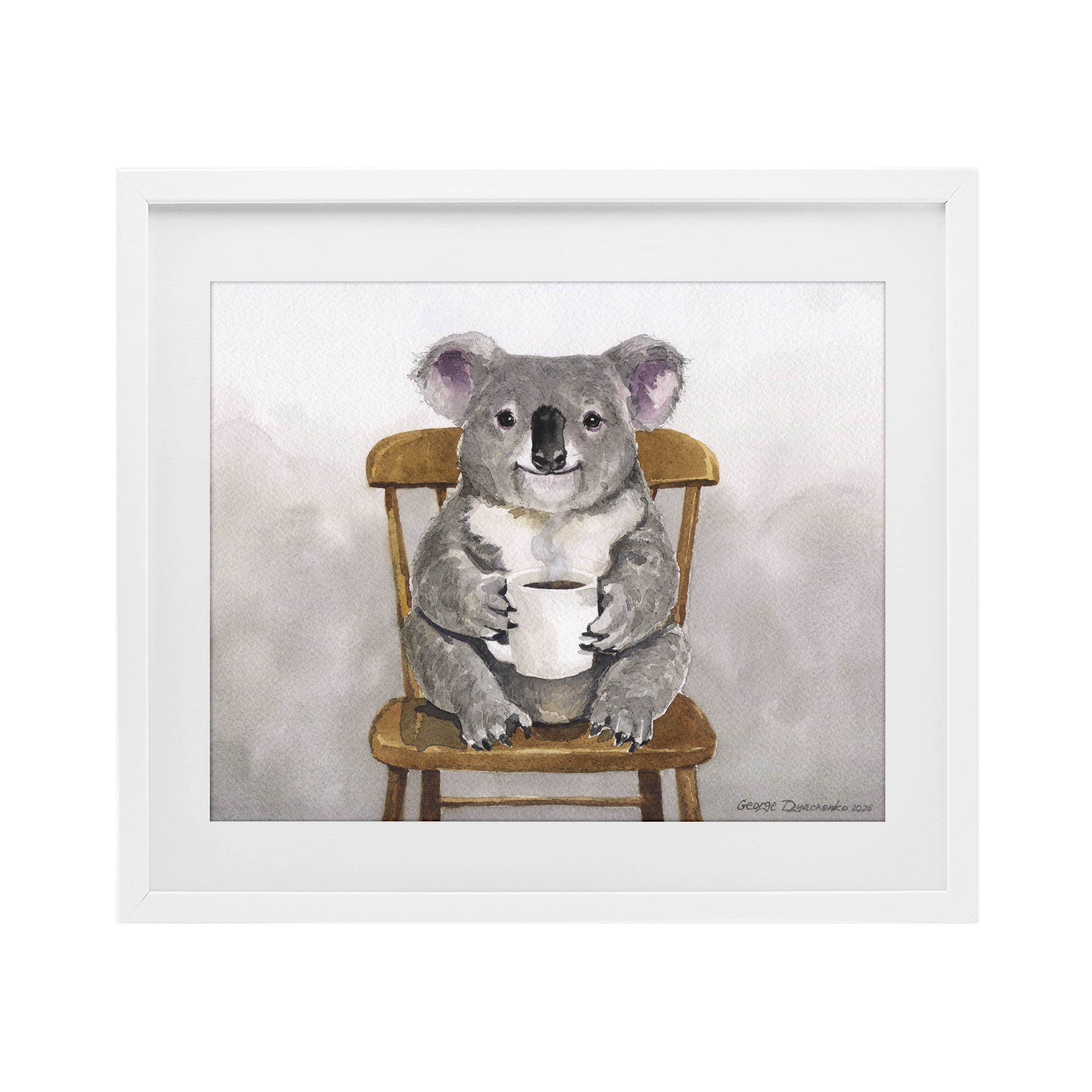 Stupell Industries Koala with Coffee Mug White Framed Print Under Glass, design by George Dyachenko