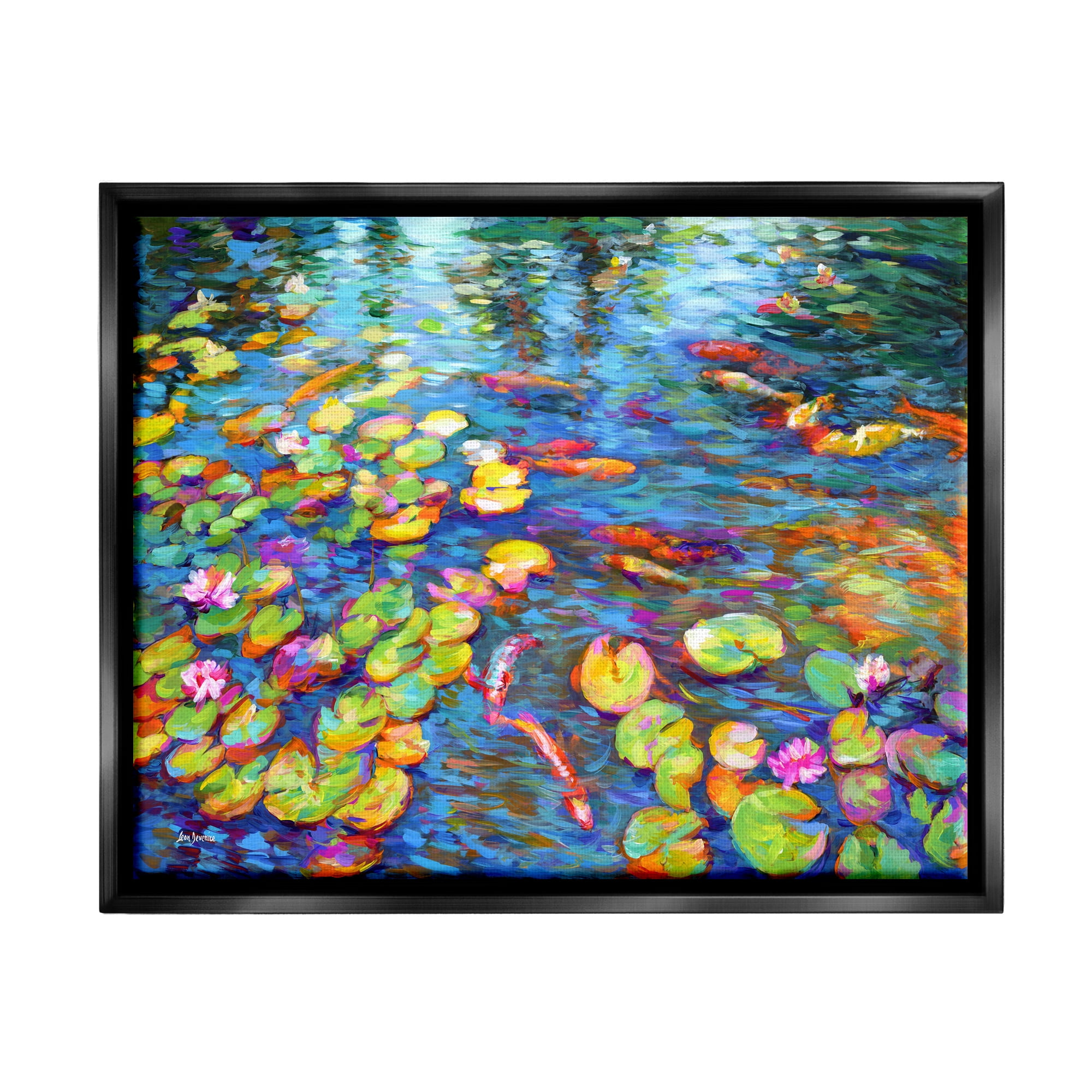 Vibrant Koi Fish and Water Lilies Landscape Canvas Art in Black Frame