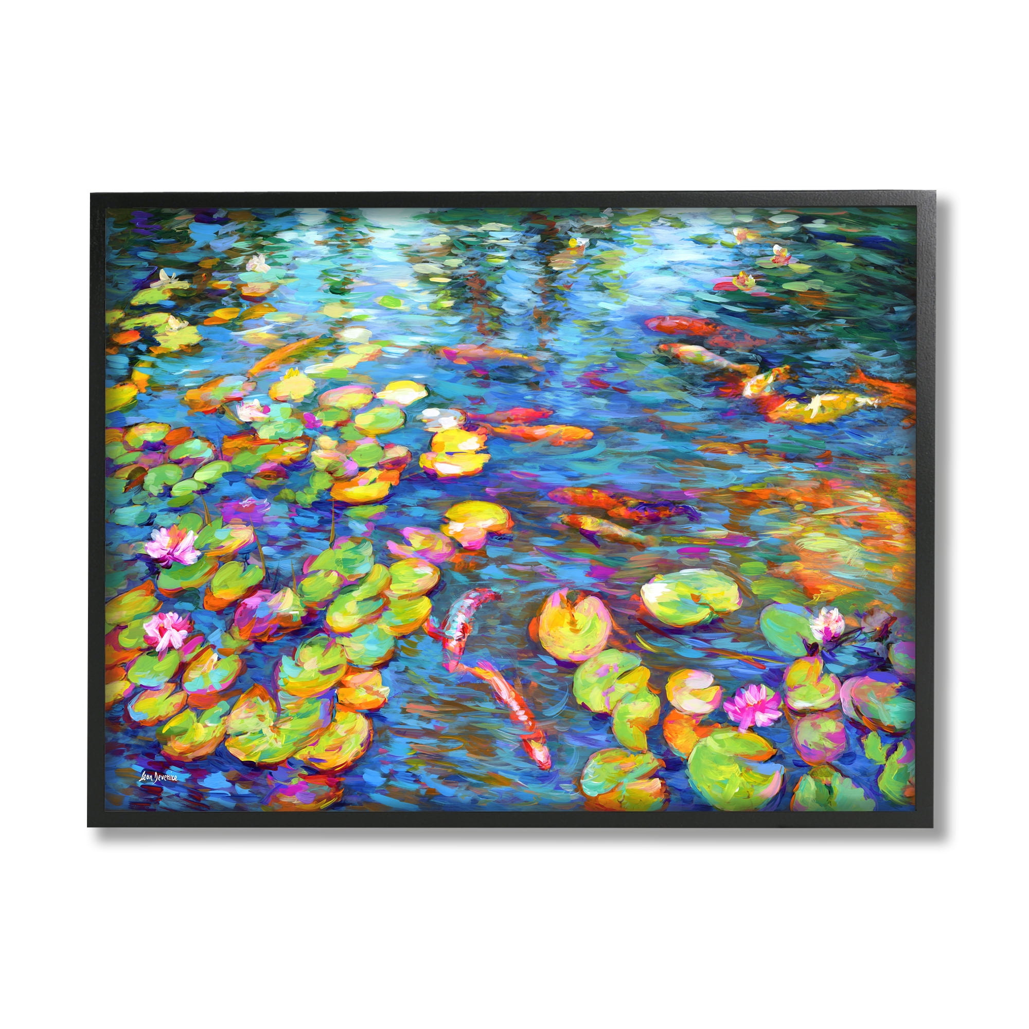 Stupell Industries Koi Fish and Water Lilies Landscape Painting Black Framed Art Print Wall Art, 14 x 11