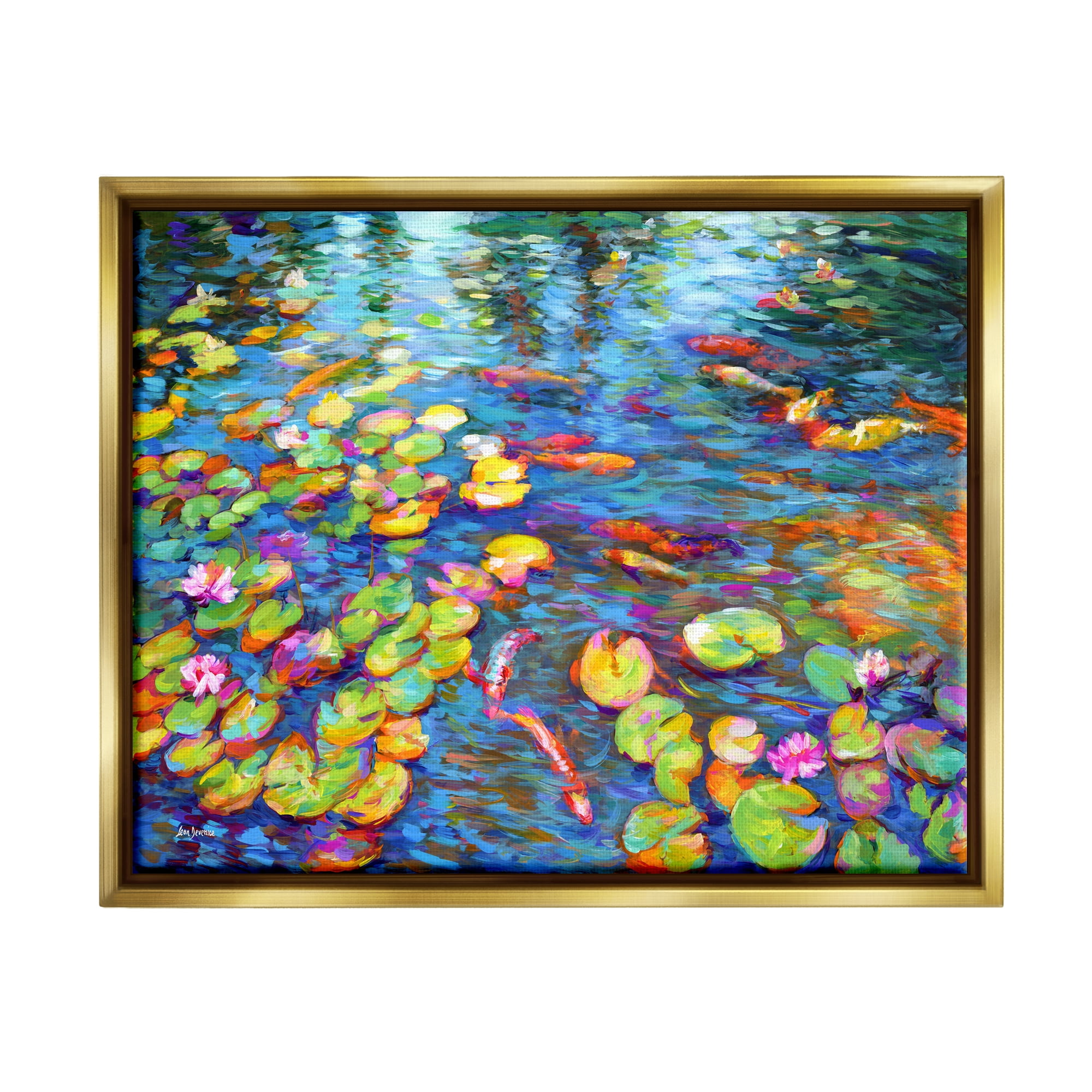 Colorful Koi Fish and Water Lilies Landscape Canvas Print with Gold Frame