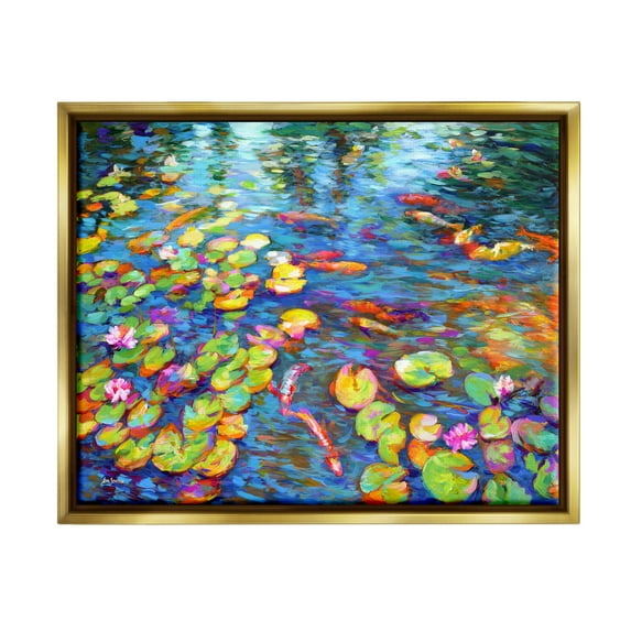 Stupell Industries Koi Fish and Water Lilies Landscape Painting Gold Floater Framed Canvas Art Print Wall Art, 31 x 25