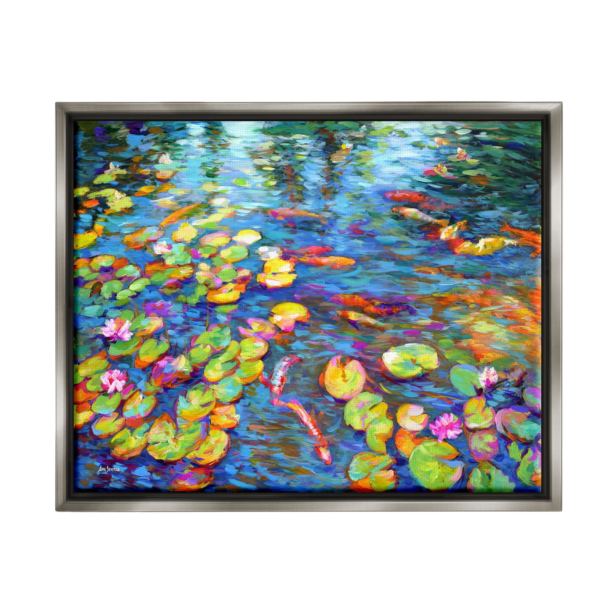 Stupell Industries Koi Fish and Water Lilies Landscape Painting Gray Floater Framed Canvas Art Print Wall Art, 21 x 17