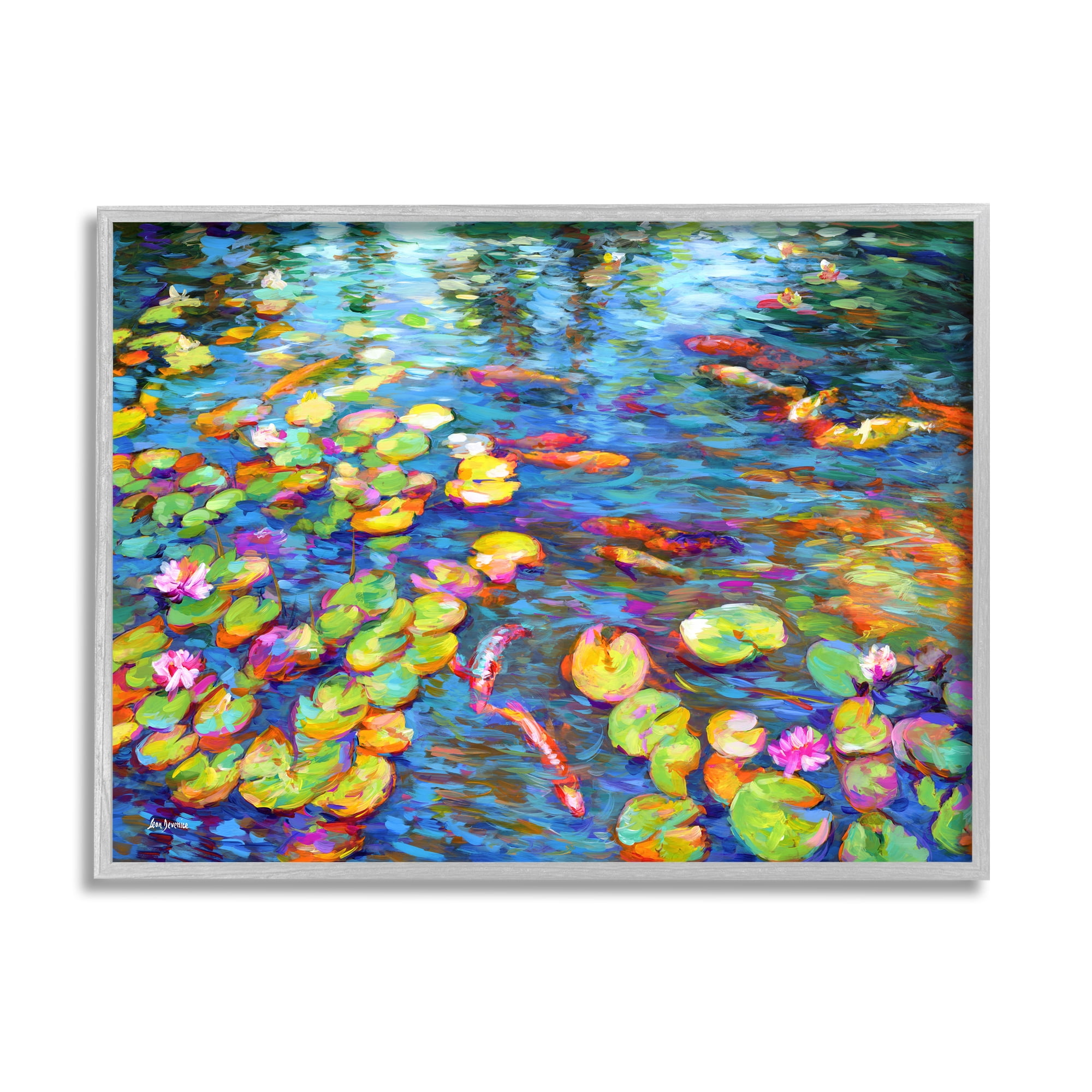 Stupell Industries Koi Fish and Water Lilies Landscape Painting Gray Framed Art Print Wall Art, 20 x 16