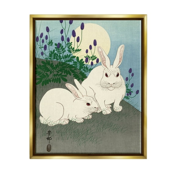 Stupell Industries Konijnen bij Volle Maan Ohara Koson Classic Rabbit Painting Painting Metallic Gold Floating Framed Canvas Print Wall Art, Design by one1000paintings