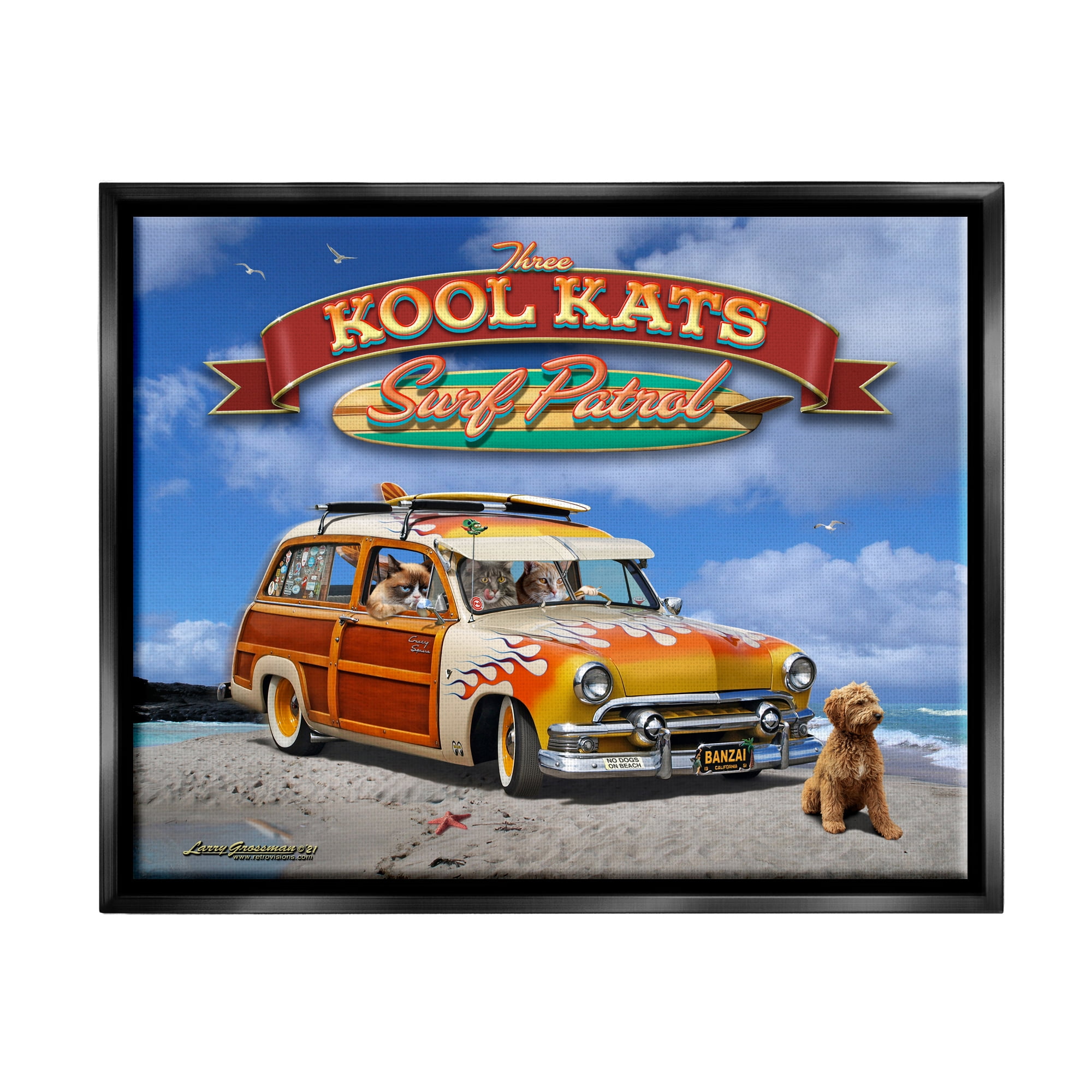 Stupell Industries Kool Kats Beach Transportation Painting Black Floater Framed Canvas Art Print Wall Art, 31 x 25